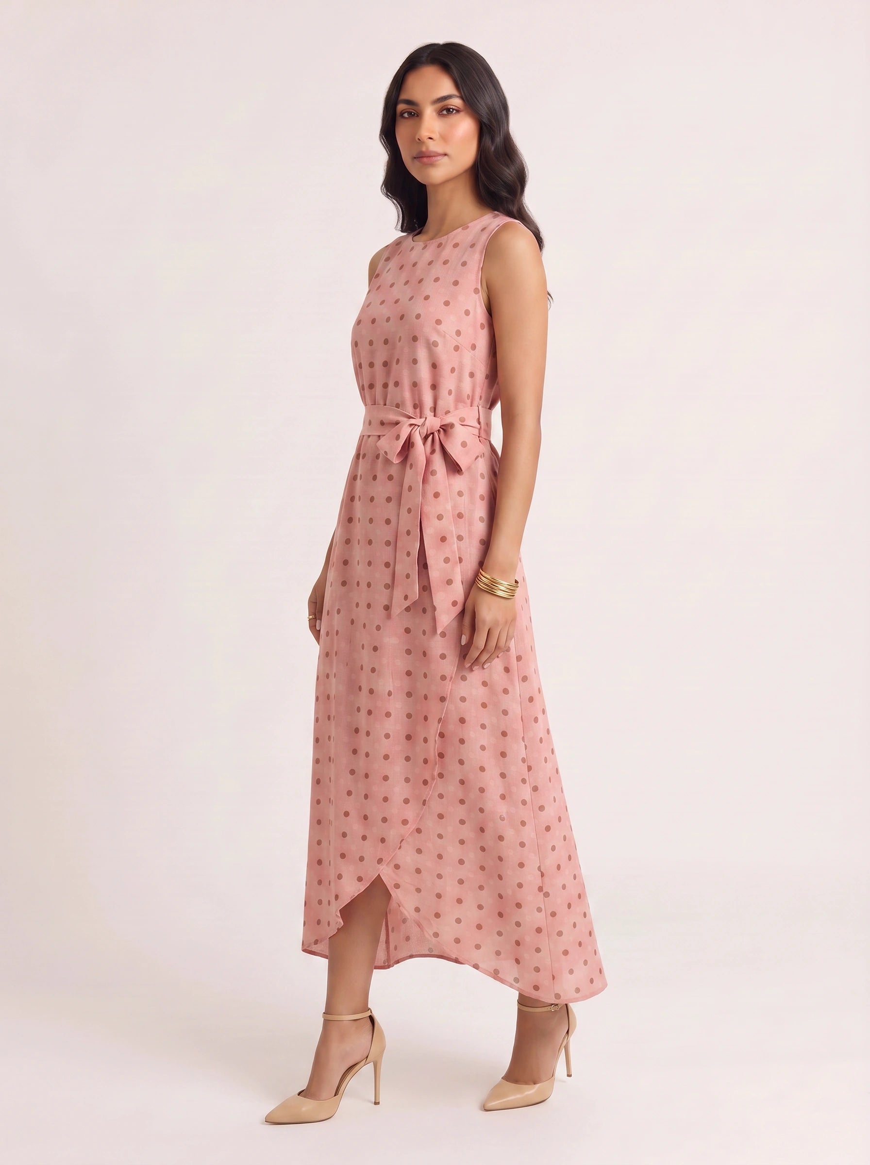 Puntina Belted Wrap Midi Dress – Polka Dot Sleeveless Women Formal Wedding Guest Summer Midi Dress