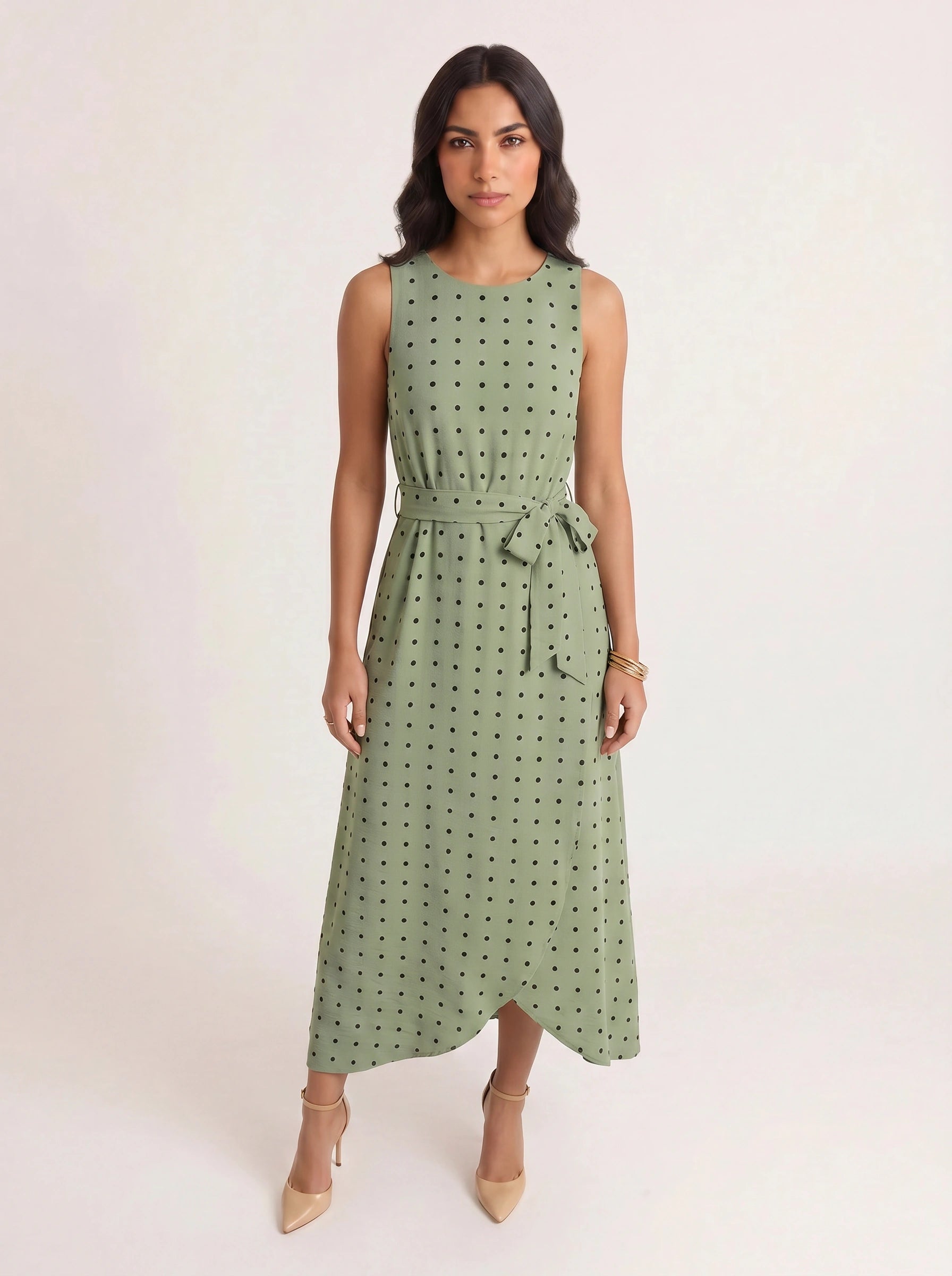 Puntina Belted Wrap Midi Dress – Polka Dot Sleeveless Women Formal Wedding Guest Summer Midi Dress
