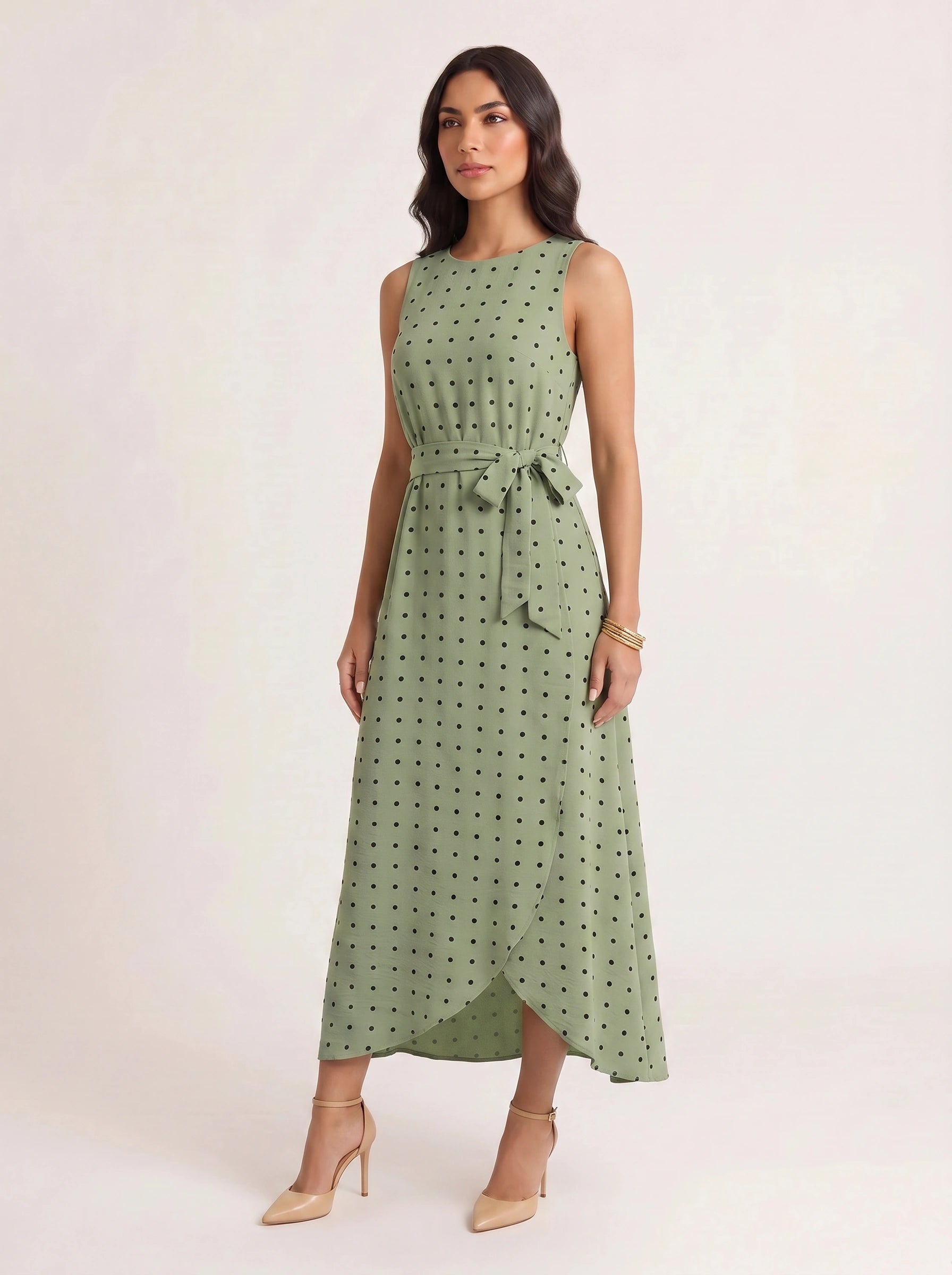 Puntina Belted Wrap Midi Dress – Polka Dot Sleeveless Women Formal Wedding Guest Summer Midi Dress