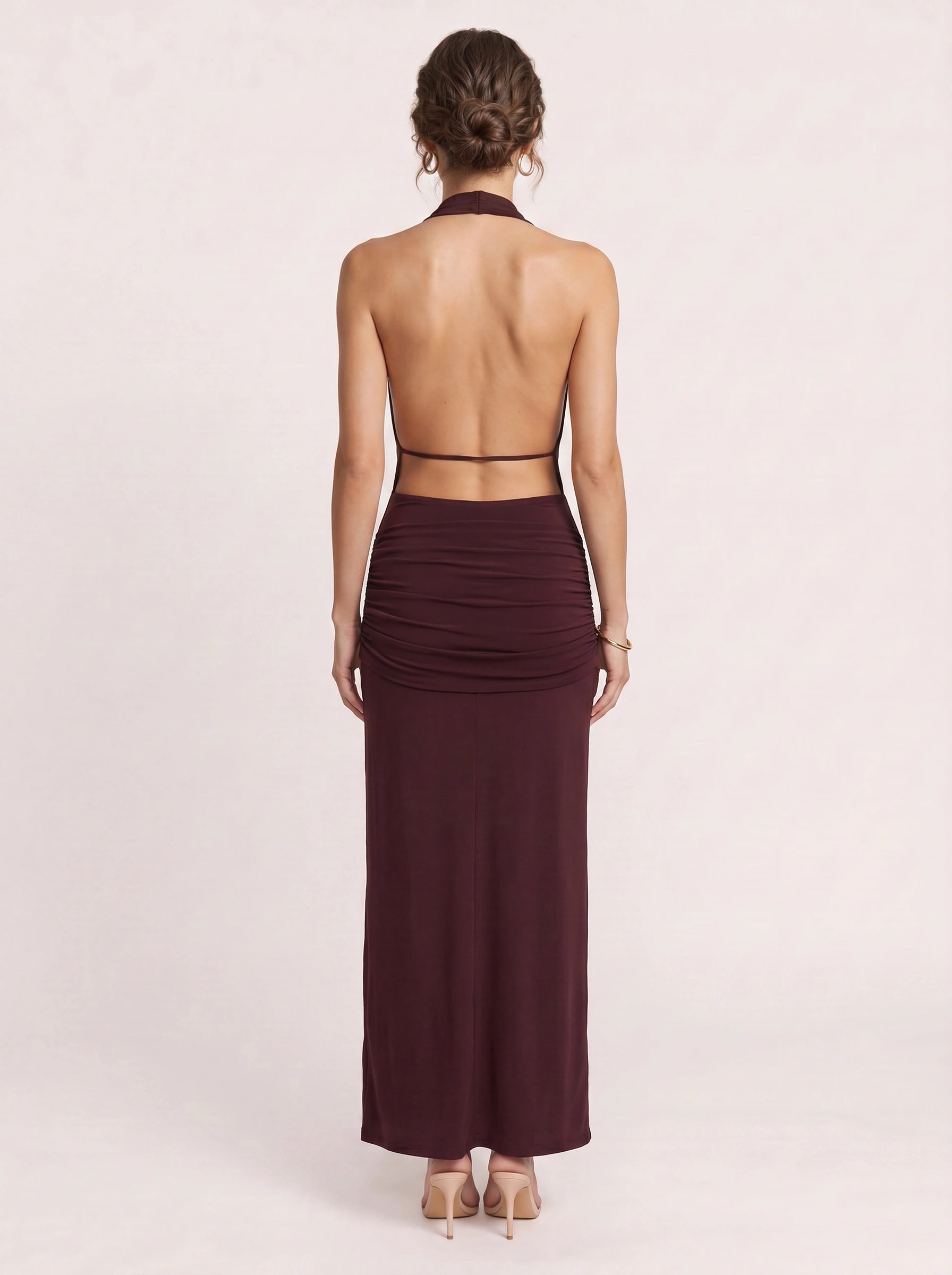 Drapeaux Halter Neck Ruched Maxi Dress – Women Formal Wedding Guest Evening Party Sleeveless Maxi Dress
