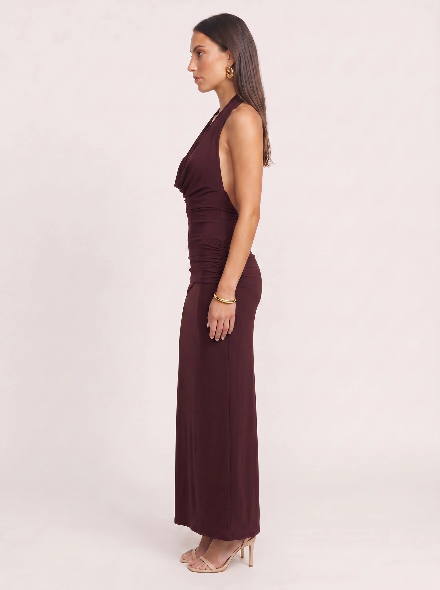 Drapeaux Halter Neck Ruched Maxi Dress – Women Formal Wedding Guest Evening Party Sleeveless Maxi Dress