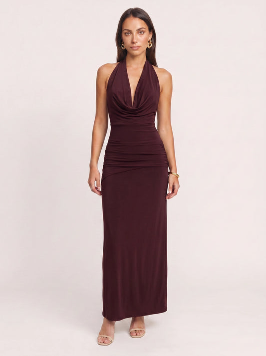 Drapeaux Halter Neck Ruched Maxi Dress – Women Formal Wedding Guest Evening Party Sleeveless Maxi Dress