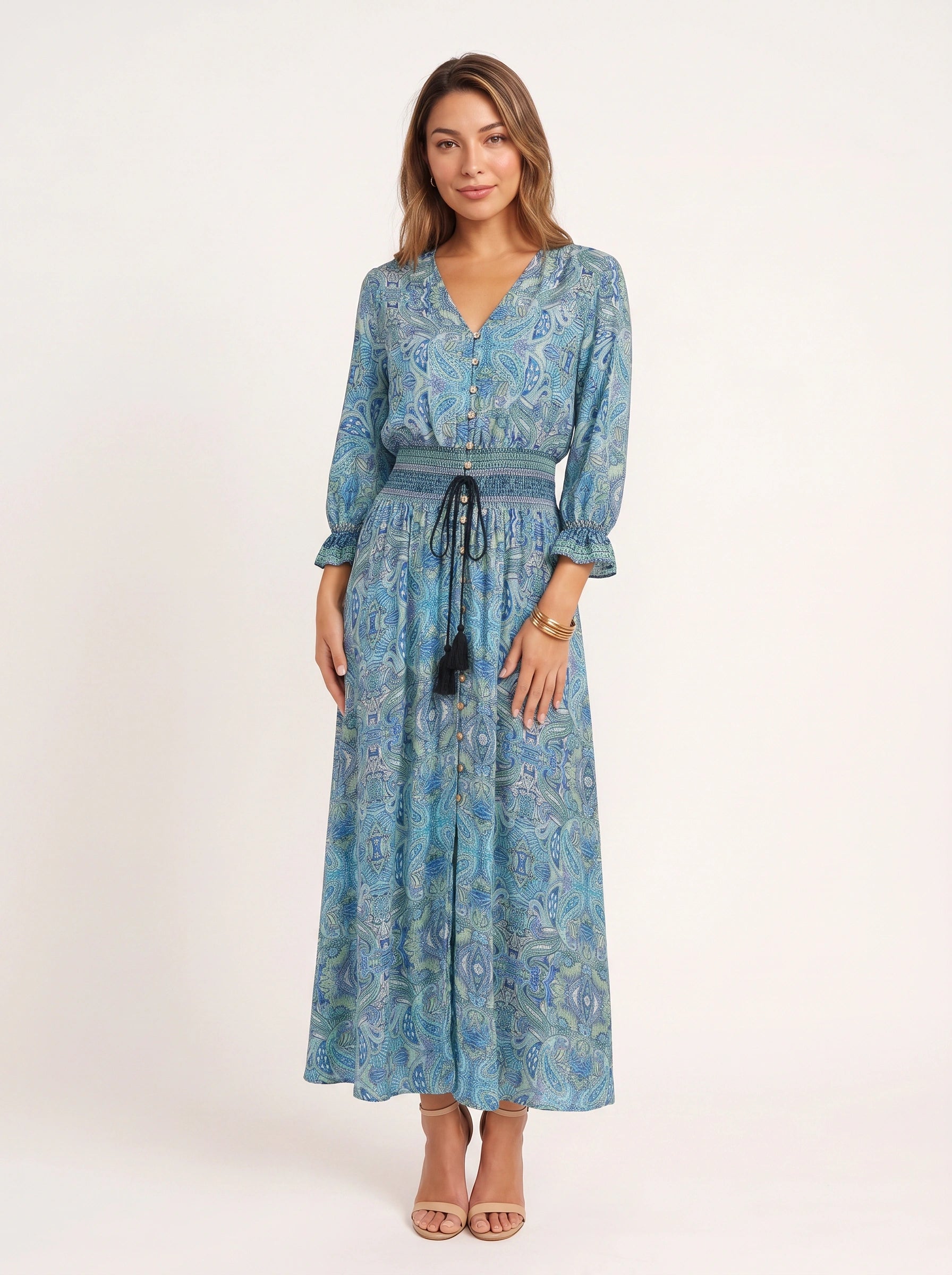 Paisor Paisley Button-Front Maxi Dress – Smocked Waist V-Neck Women Boho Summer Vacation Sundresses
