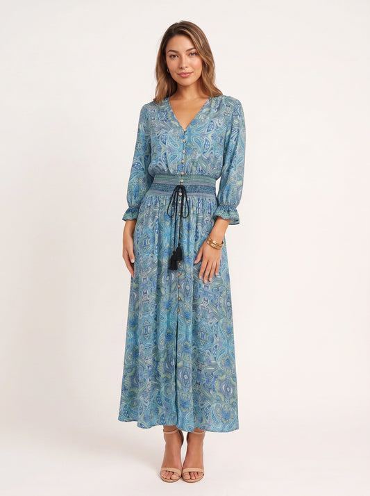 Paisor Paisley Button-Front Maxi Dress – Smocked Waist V-Neck Women Boho Summer Vacation Sundresses