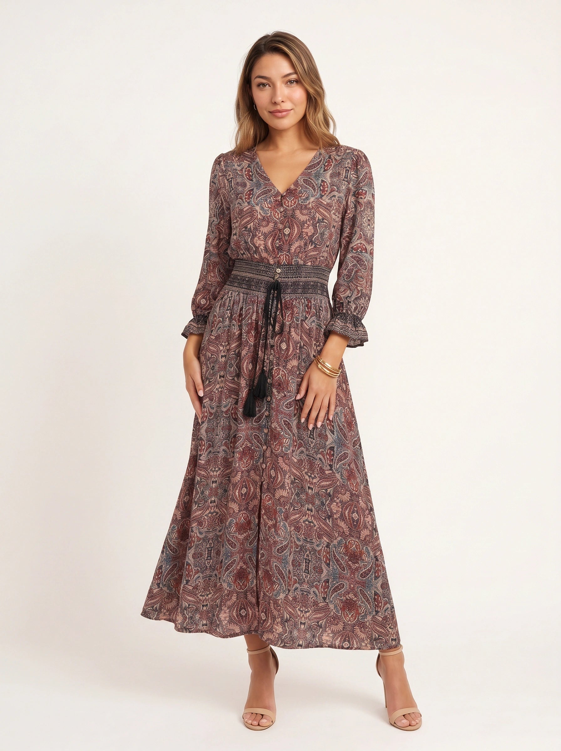 Paisor Paisley Button-Front Maxi Dress – Smocked Waist V-Neck Women Boho Summer Vacation Sundresses