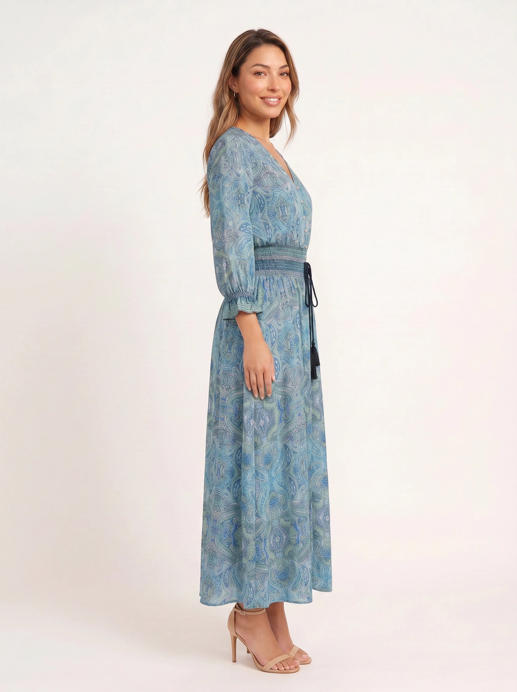 Paisor Paisley Button-Front Maxi Dress – Smocked Waist V-Neck Women Boho Summer Vacation Sundresses