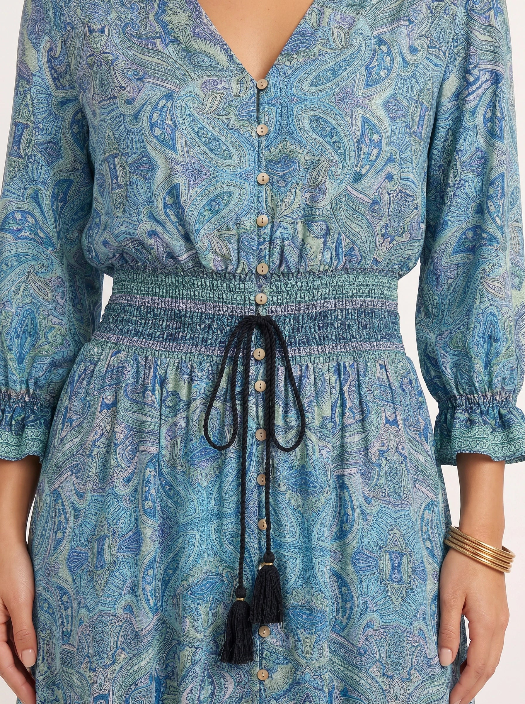 Paisor Paisley Button-Front Maxi Dress – Smocked Waist V-Neck Women Boho Summer Vacation Sundresses