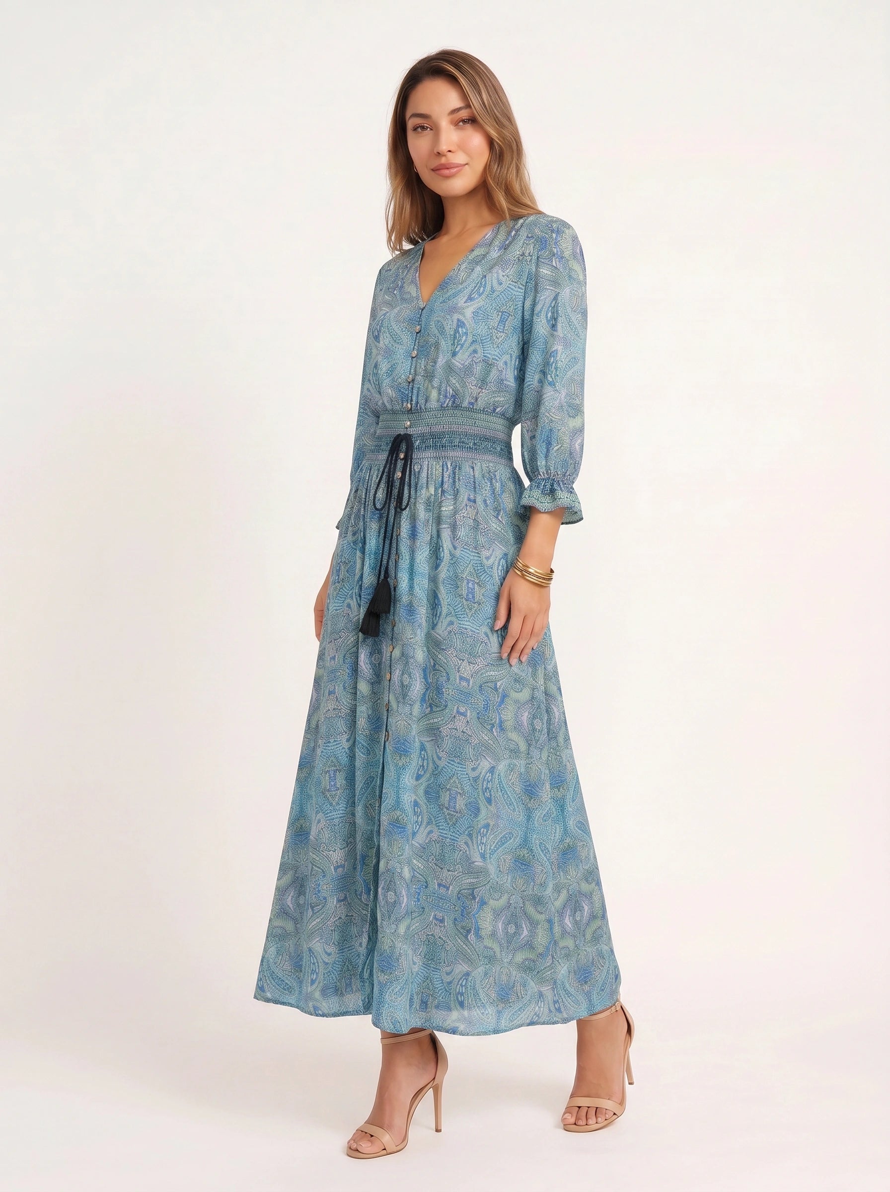 Paisor Paisley Button-Front Maxi Dress – Smocked Waist V-Neck Women Boho Summer Vacation Sundresses