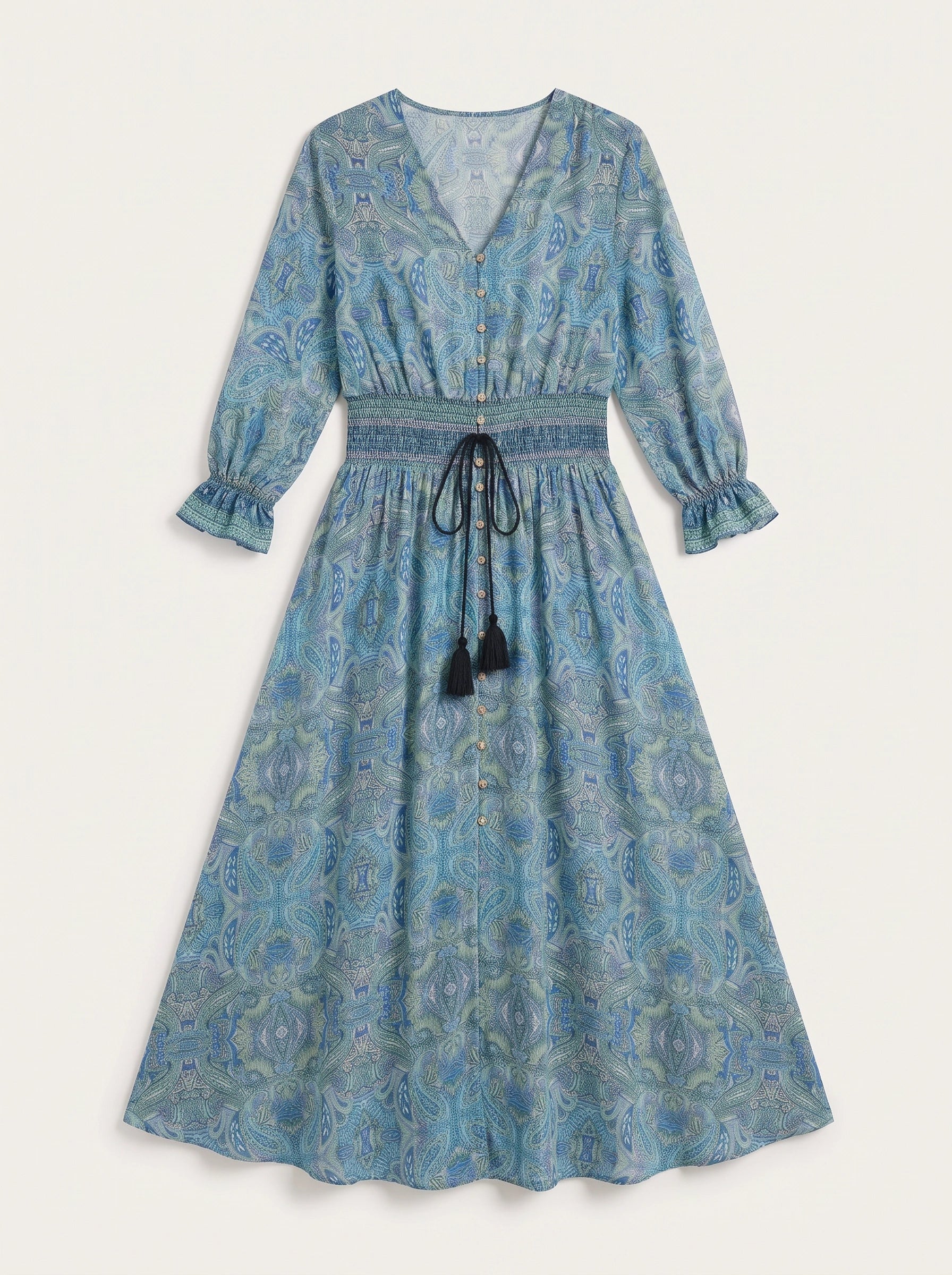 Paisor Paisley Button-Front Maxi Dress – Smocked Waist V-Neck Women Boho Summer Vacation Sundresses