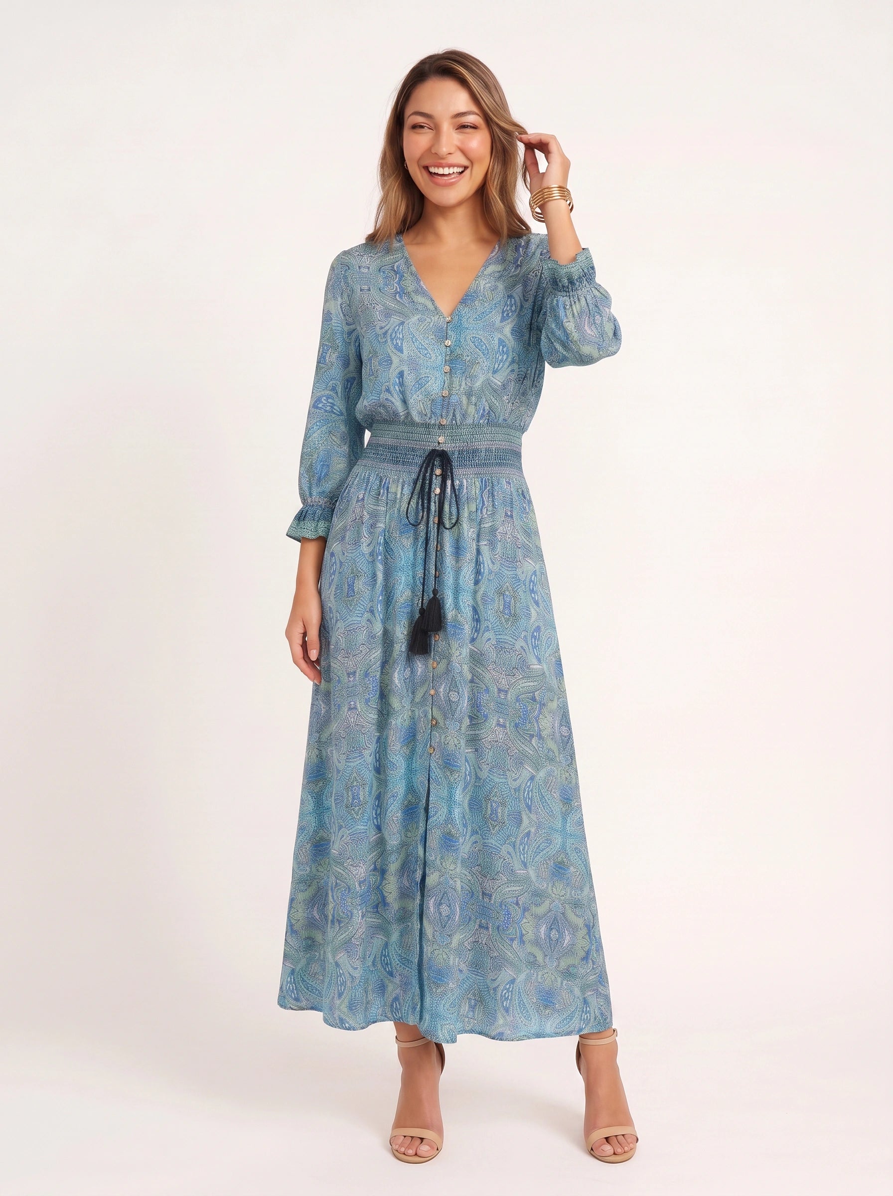 Paisor Paisley Button-Front Maxi Dress – Smocked Waist V-Neck Women Boho Summer Vacation Sundresses