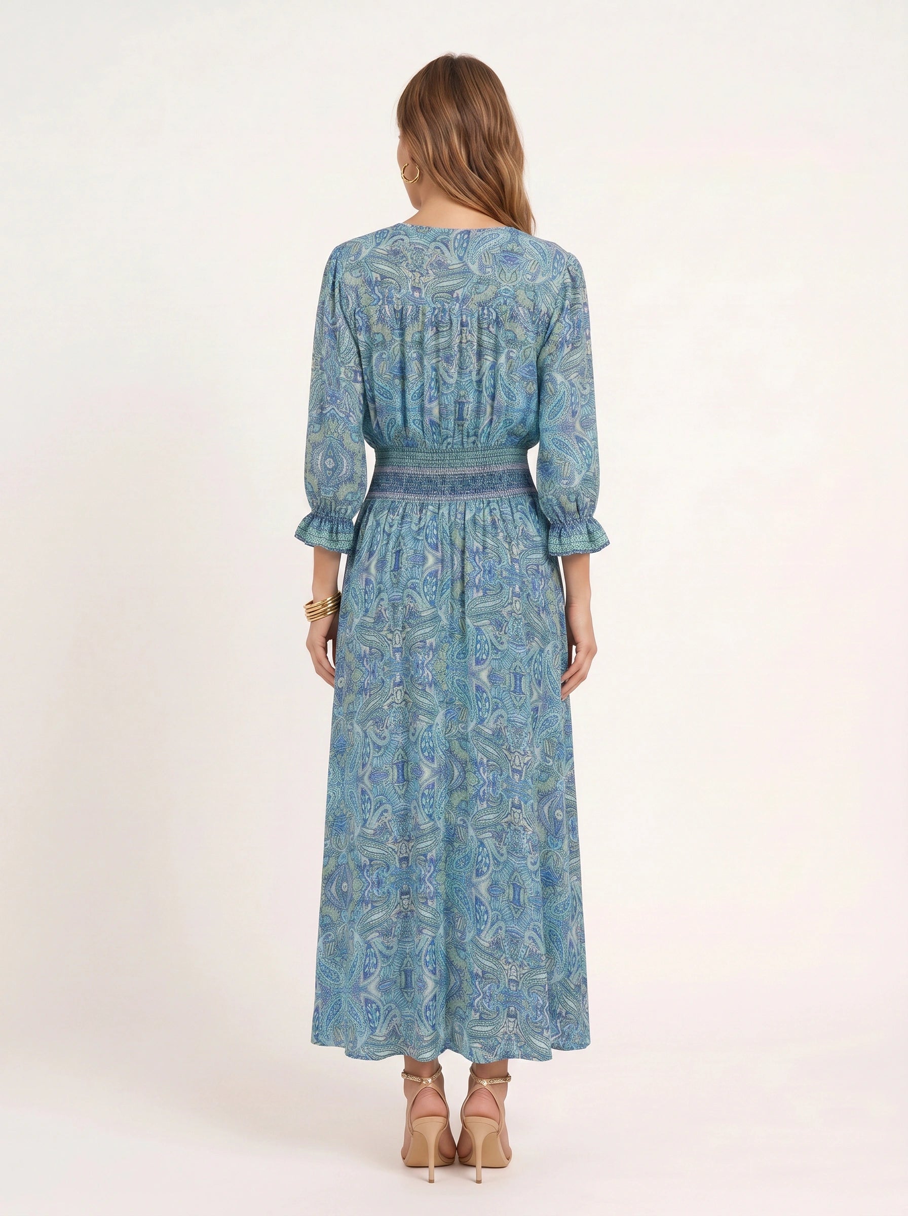 Paisor Paisley Button-Front Maxi Dress – Smocked Waist V-Neck Women Boho Summer Vacation Sundresses