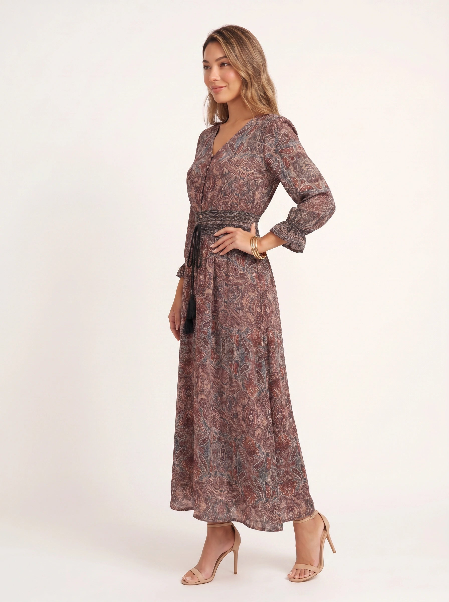 Paisor Paisley Button-Front Maxi Dress – Smocked Waist V-Neck Women Boho Summer Vacation Sundresses