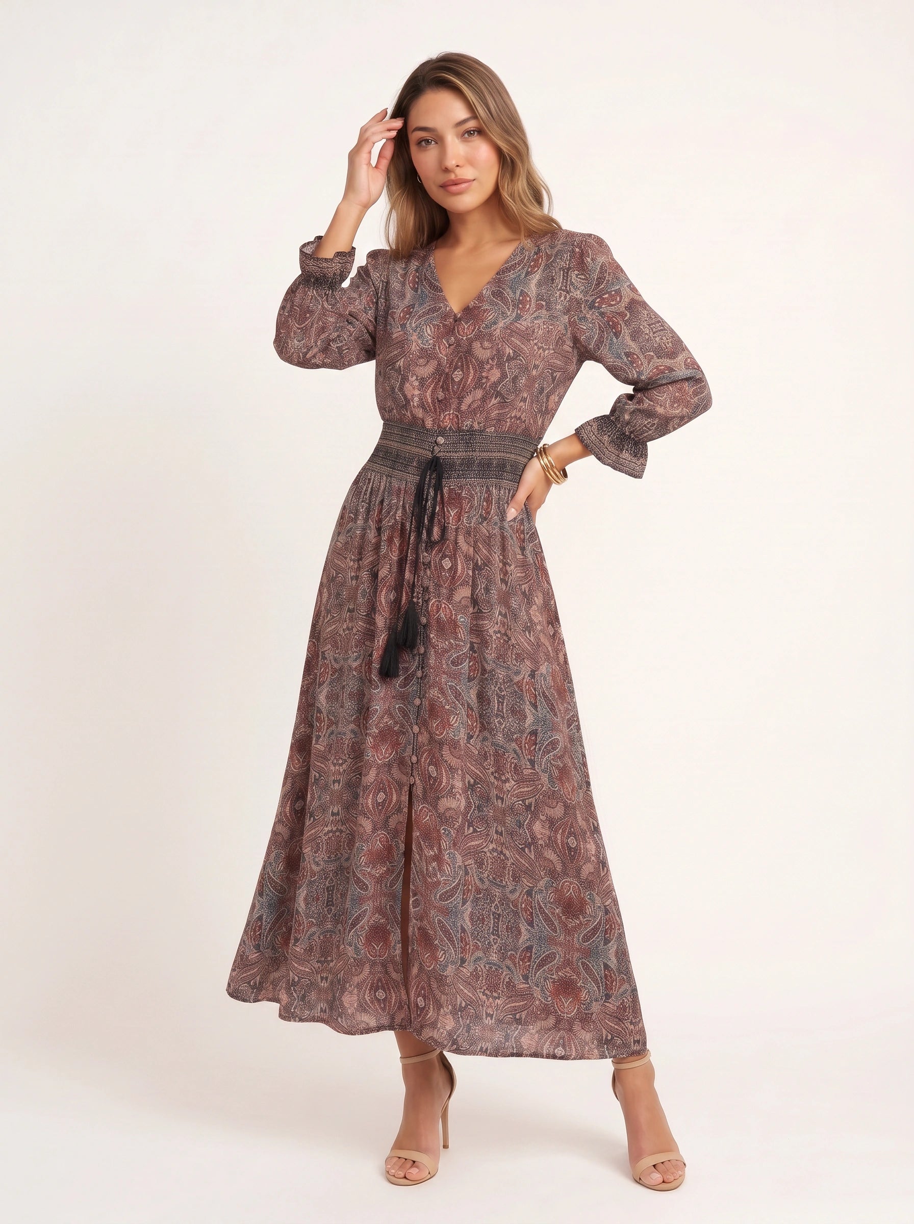 Paisor Paisley Button-Front Maxi Dress – Smocked Waist V-Neck Women Boho Summer Vacation Sundresses