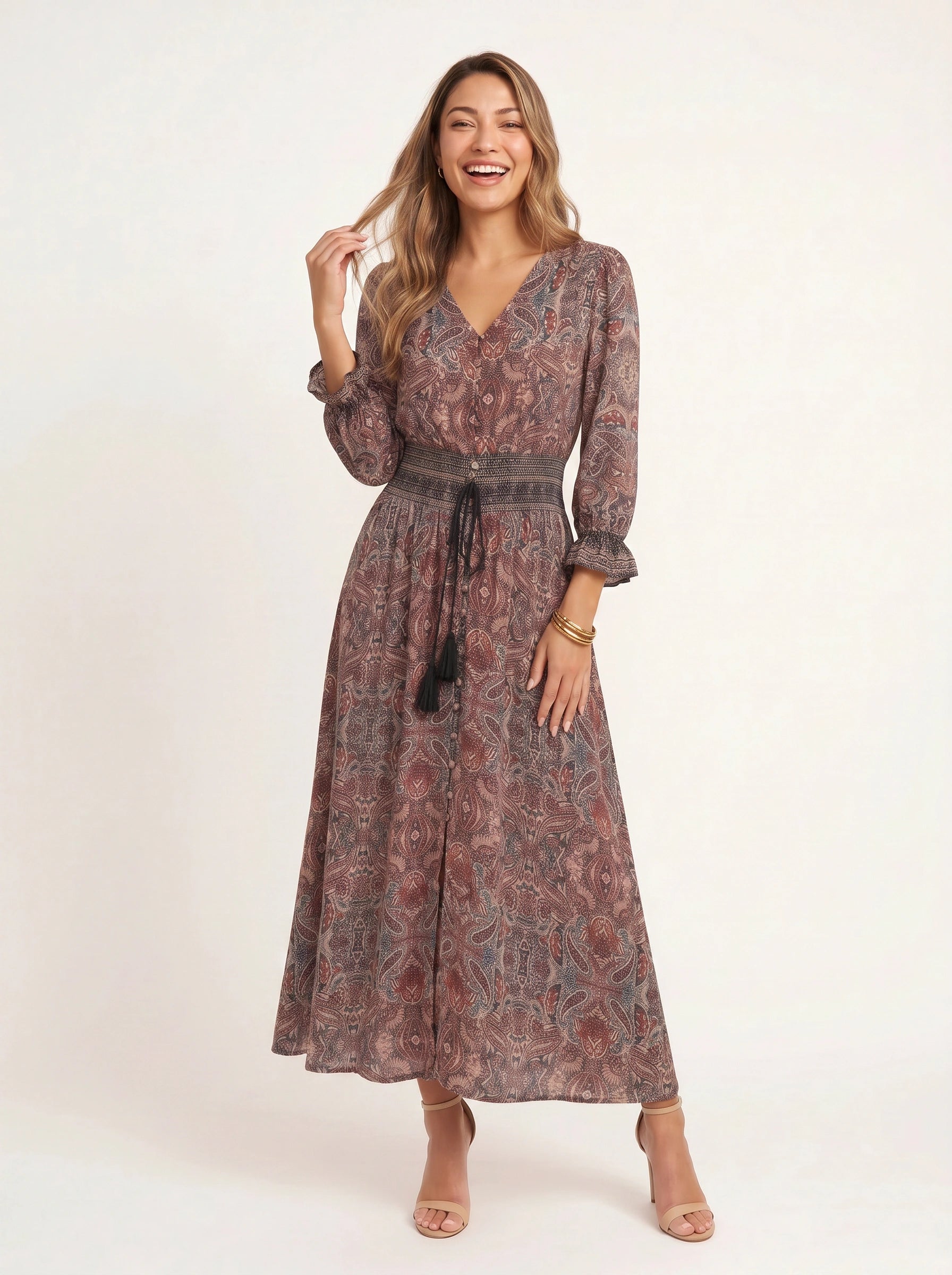 Paisor Paisley Button-Front Maxi Dress – Smocked Waist V-Neck Women Boho Summer Vacation Sundresses