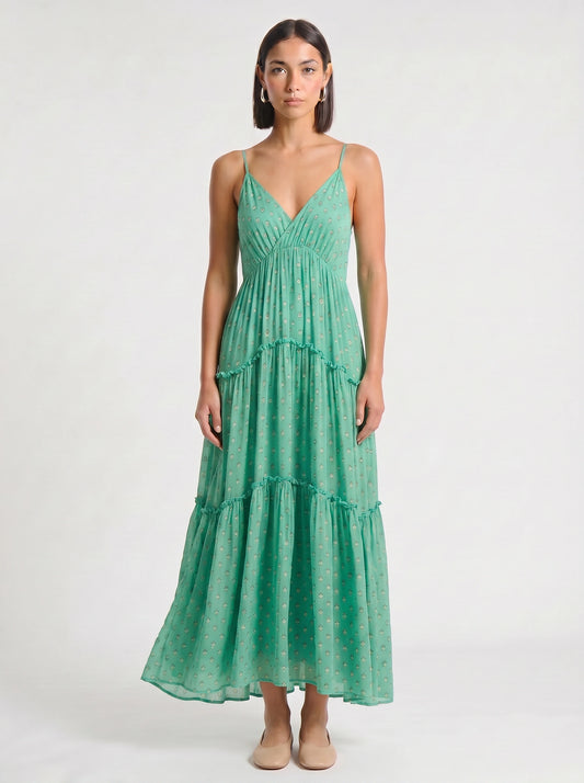 Pontilla Tiered V-Neck Maxi Dress – Women Polka Dot Summer Wedding Guest Sundress Boho Vacation Maxi Dress