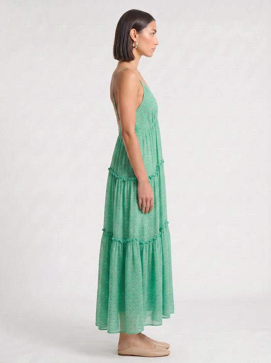 Pontilla Tiered V-Neck Maxi Dress – Women Polka Dot Summer Wedding Guest Sundress Boho Vacation Maxi Dress