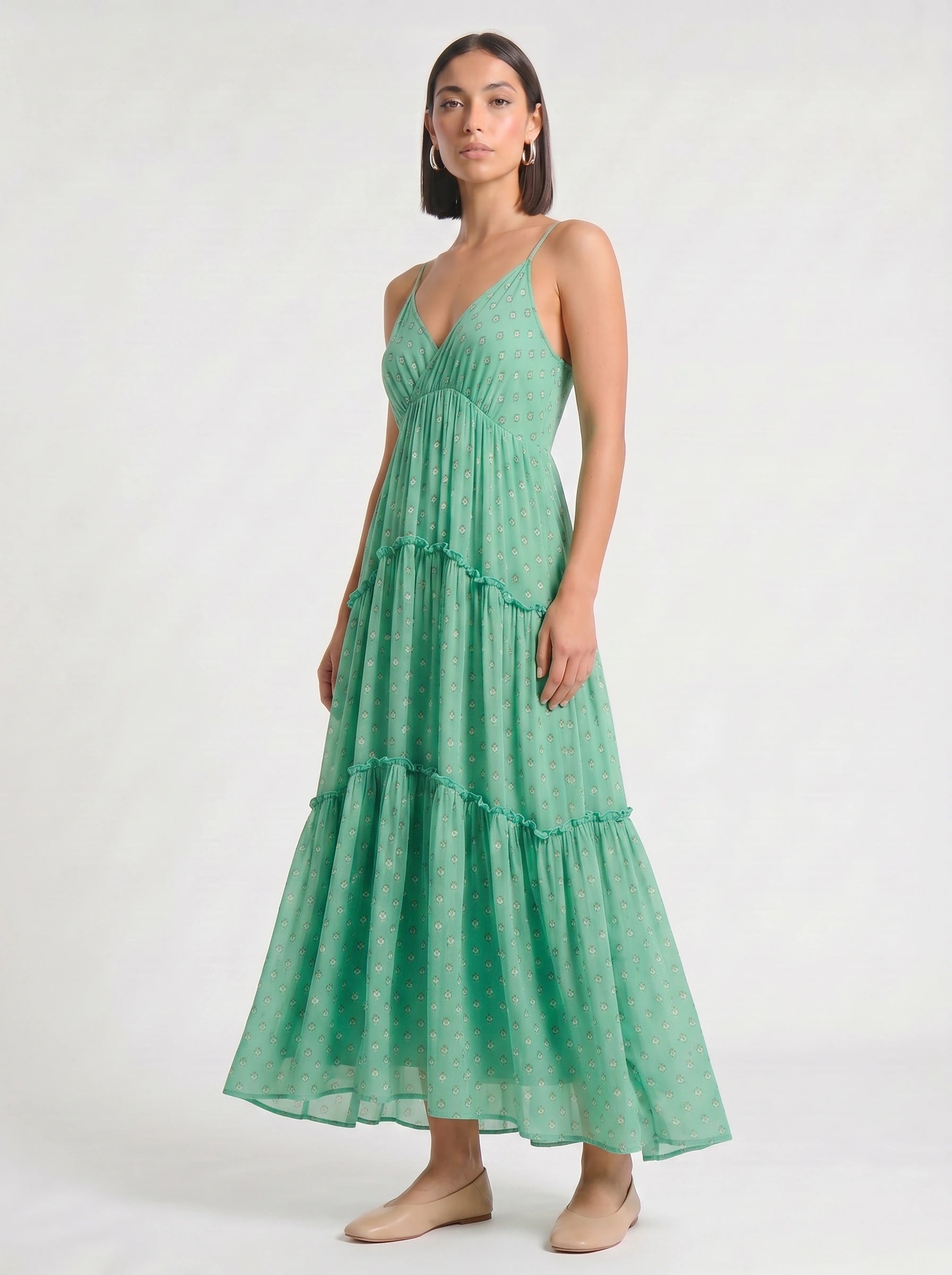 Pontilla Tiered V-Neck Maxi Dress – Women Polka Dot Summer Wedding Guest Sundress Boho Vacation Maxi Dress