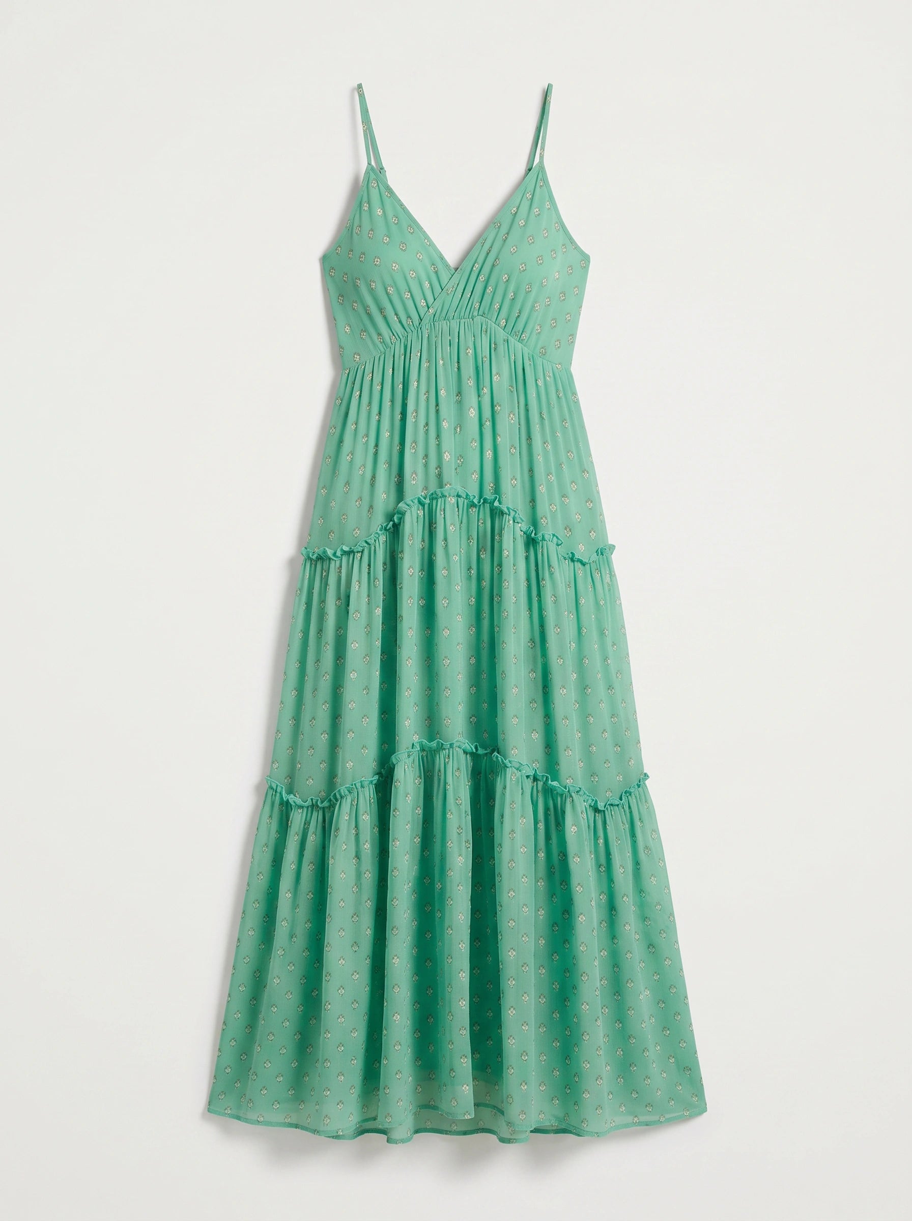 Pontilla Tiered V-Neck Maxi Dress – Women Polka Dot Summer Wedding Guest Sundress Boho Vacation Maxi Dress