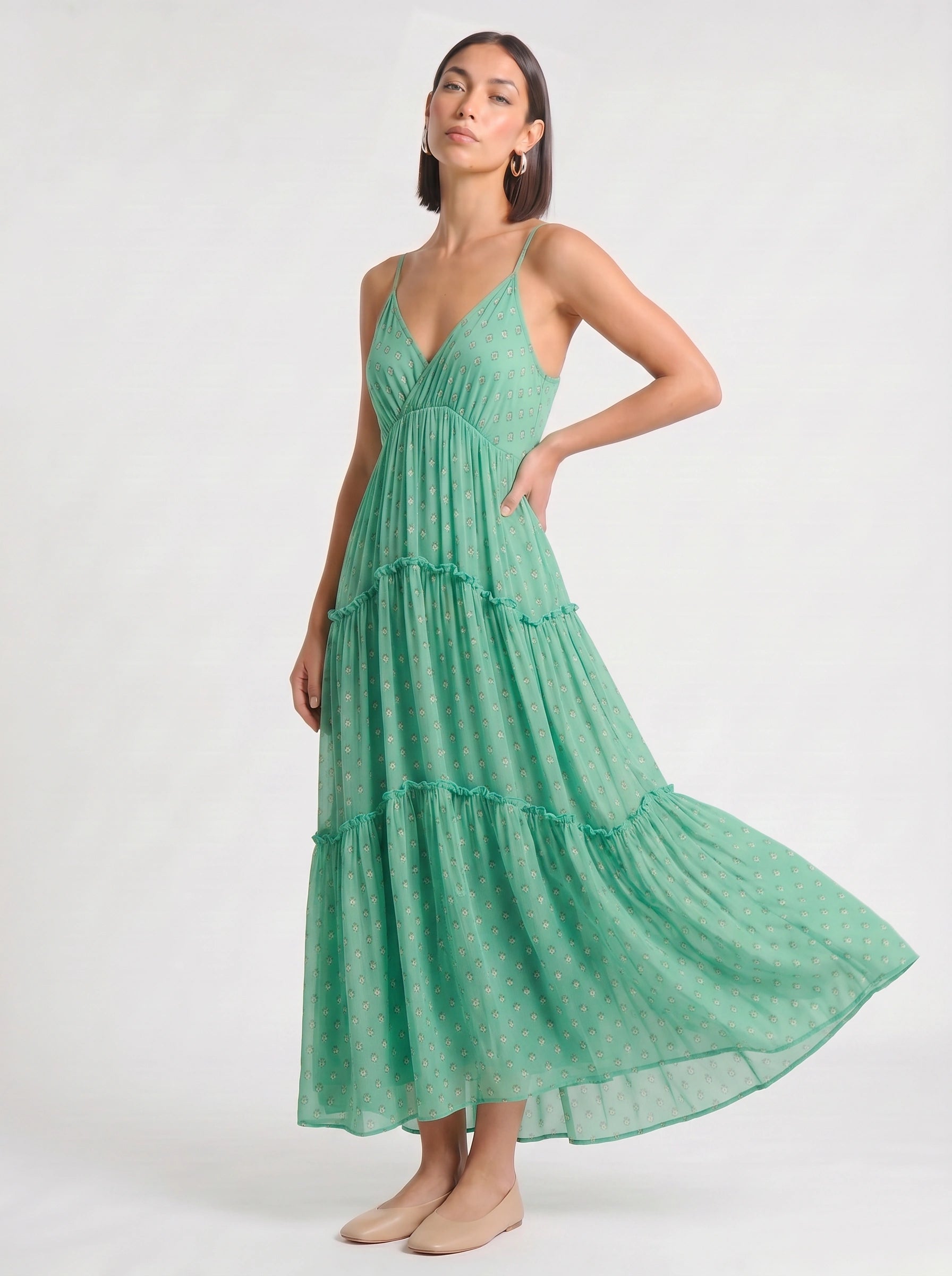Pontilla Tiered V-Neck Maxi Dress – Women Polka Dot Summer Wedding Guest Sundress Boho Vacation Maxi Dress