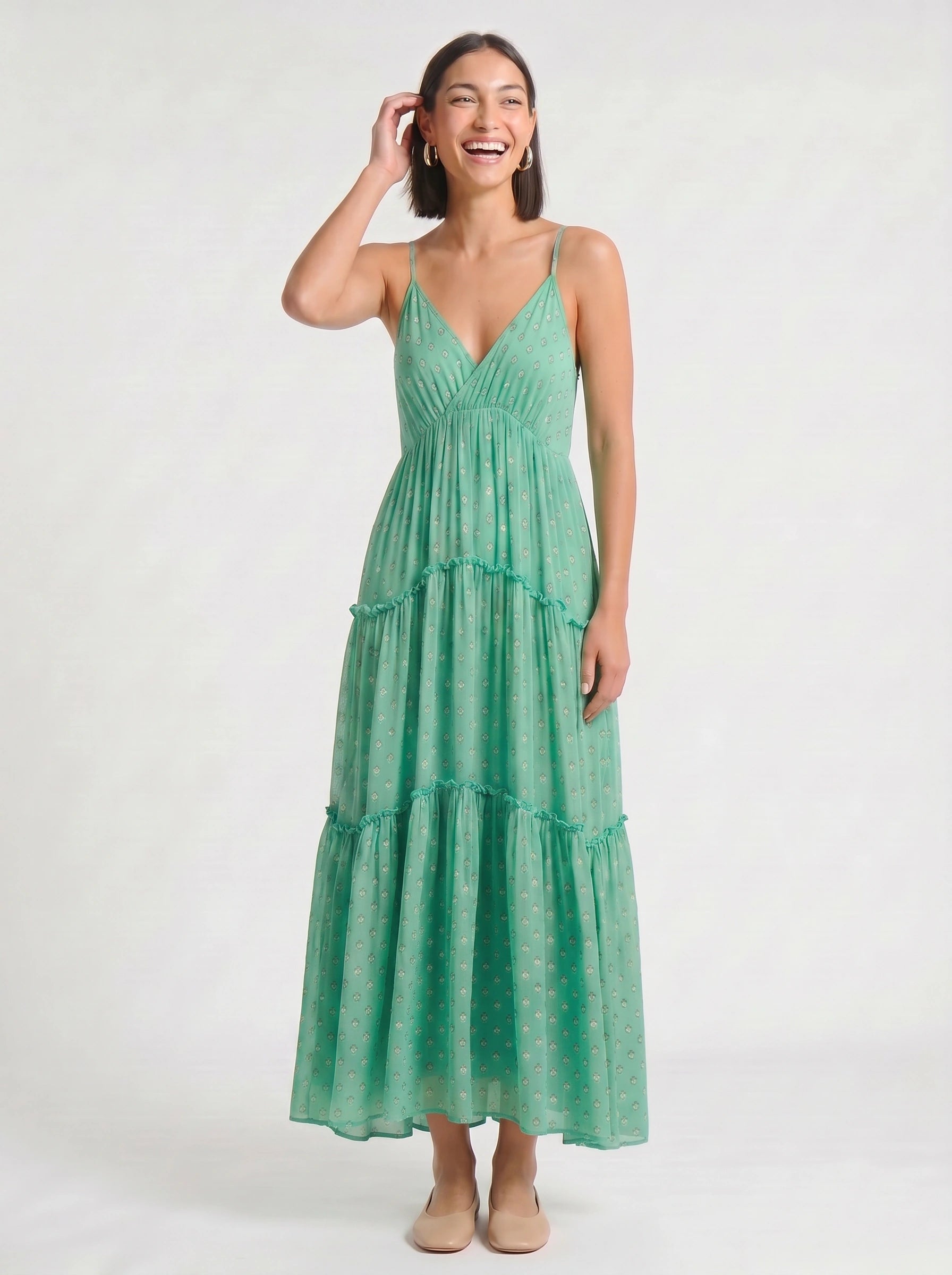 Pontilla Tiered V-Neck Maxi Dress – Women Polka Dot Summer Wedding Guest Sundress Boho Vacation Maxi Dress