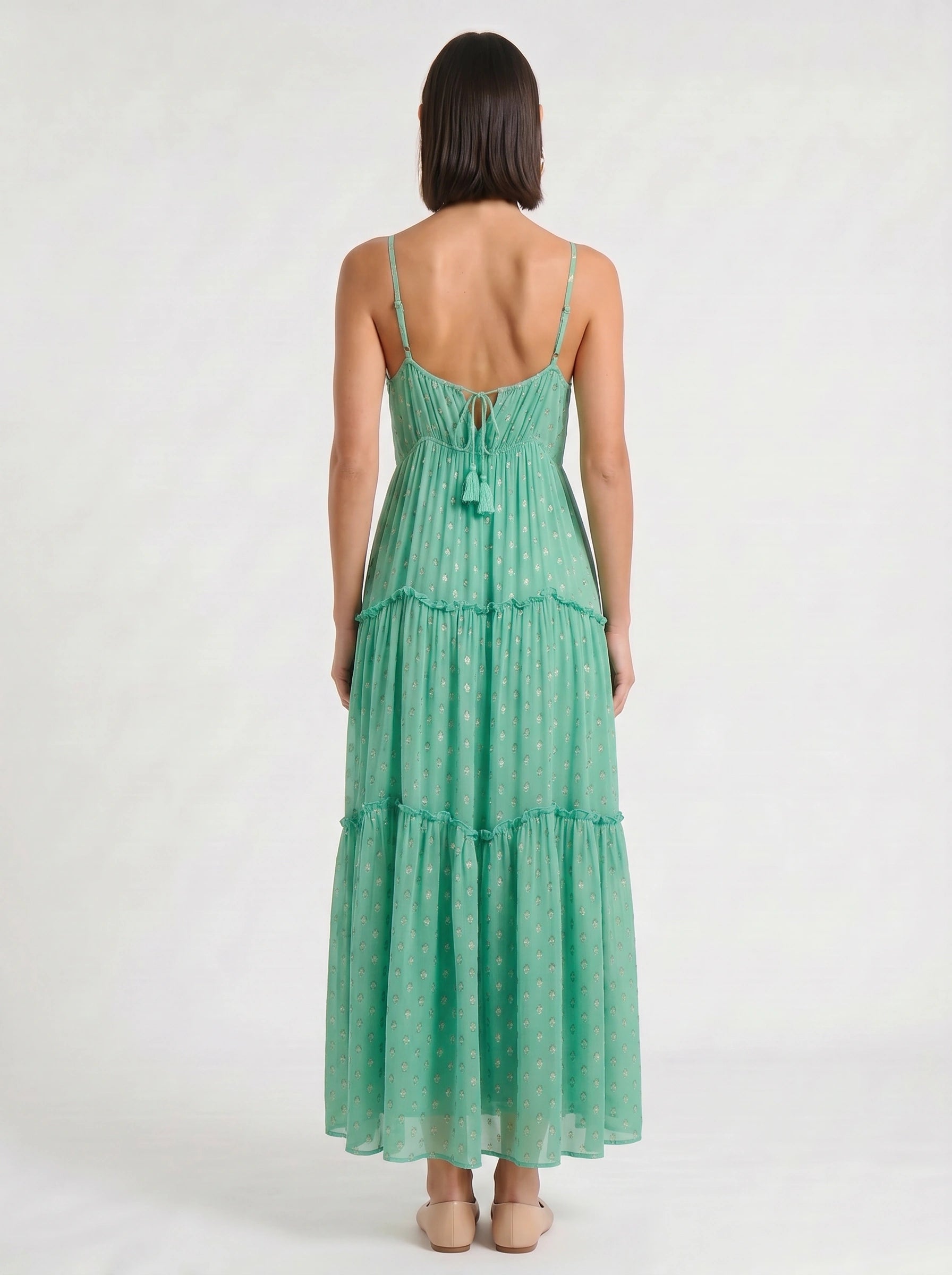 Pontilla Tiered V-Neck Maxi Dress – Women Polka Dot Summer Wedding Guest Sundress Boho Vacation Maxi Dress