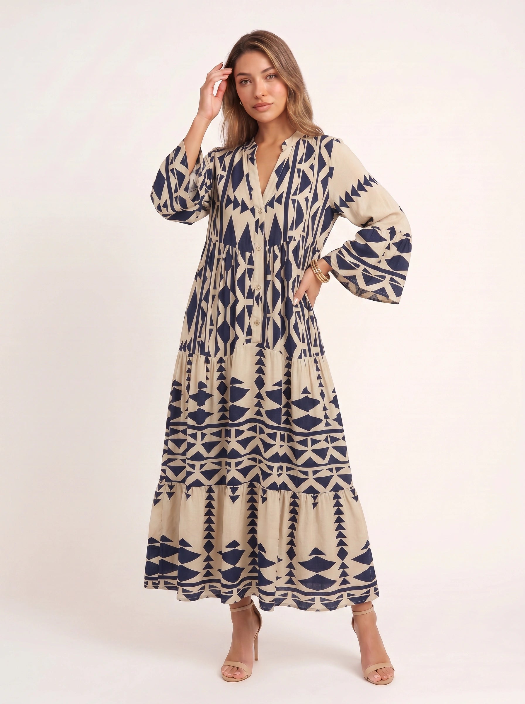 Tribane Tiered Button Maxi Dress – Women Geometric Print Long Sleeve Boho Casual Resort Vacation Maxi Dress