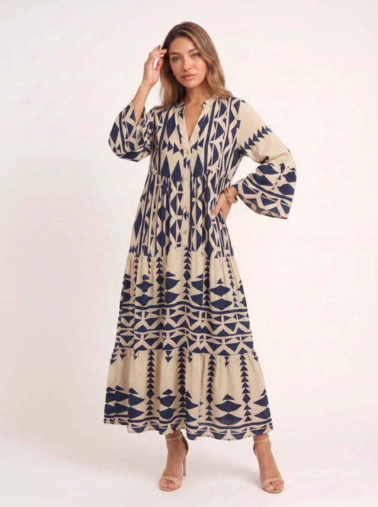 Tribane Tiered Button Maxi Dress – Women Geometric Print Long Sleeve Boho Casual Resort Vacation Maxi Dress