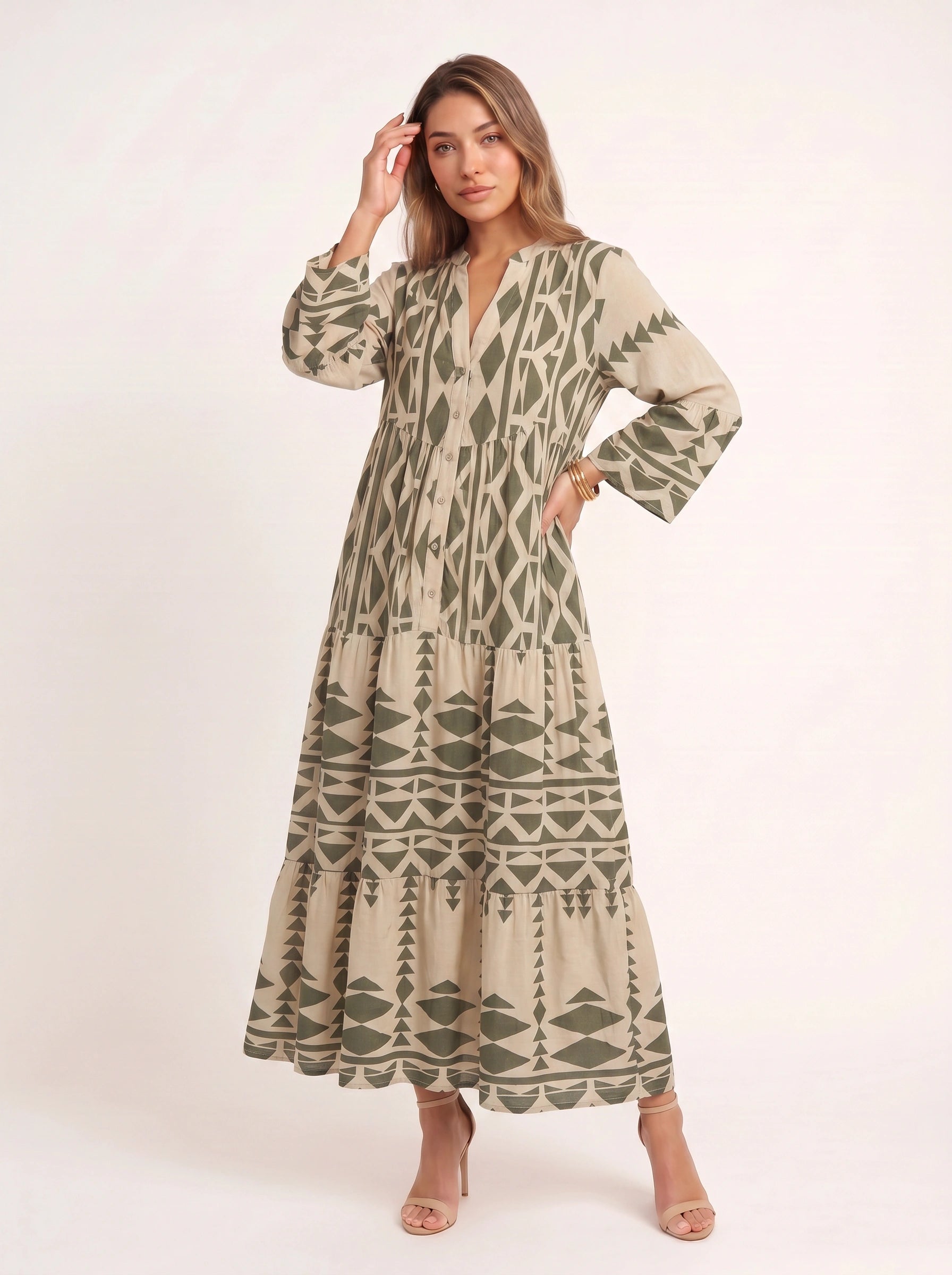 Tribane Tiered Button Maxi Dress – Women Geometric Print Long Sleeve Boho Casual Resort Vacation Maxi Dress