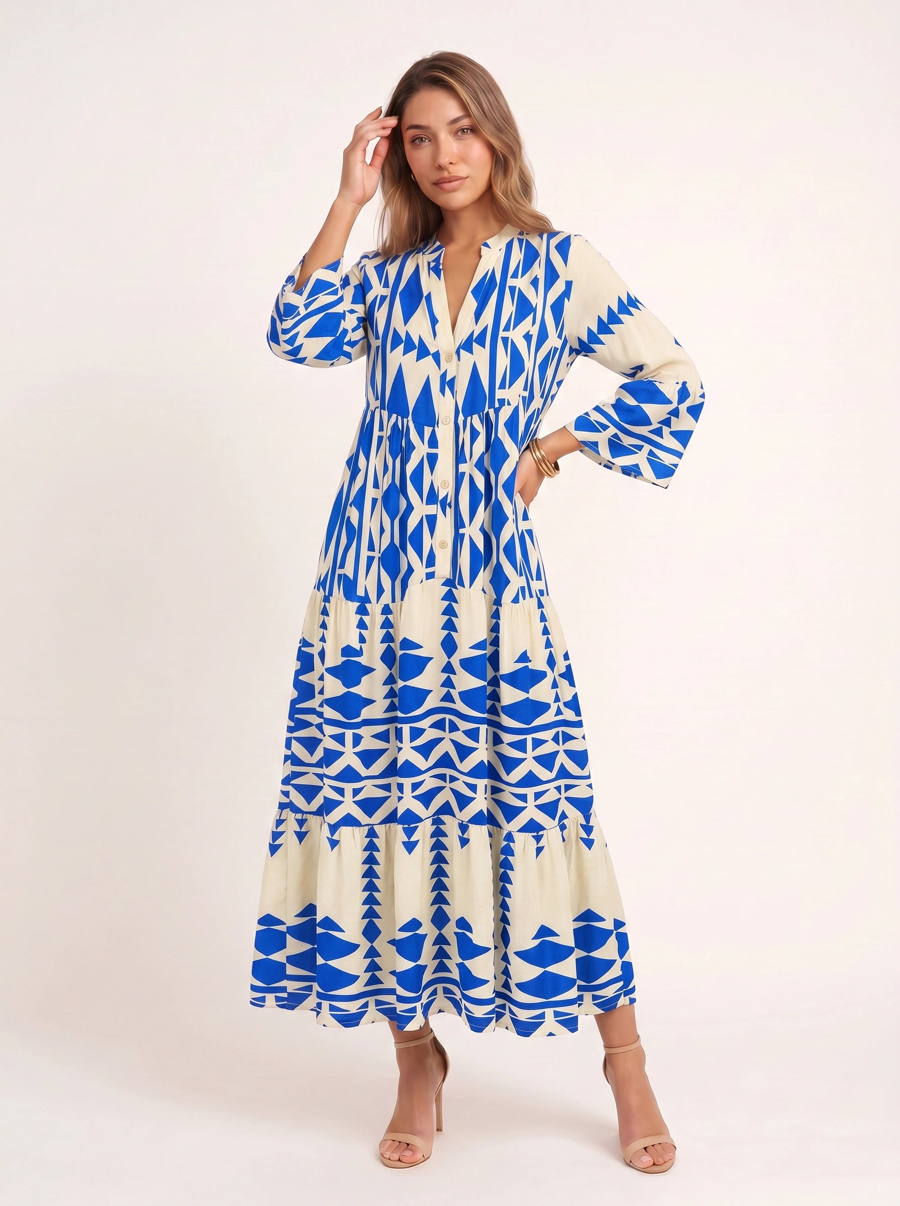 Tribane Tiered Button Maxi Dress – Women Geometric Print Long Sleeve Boho Casual Resort Vacation Maxi Dress