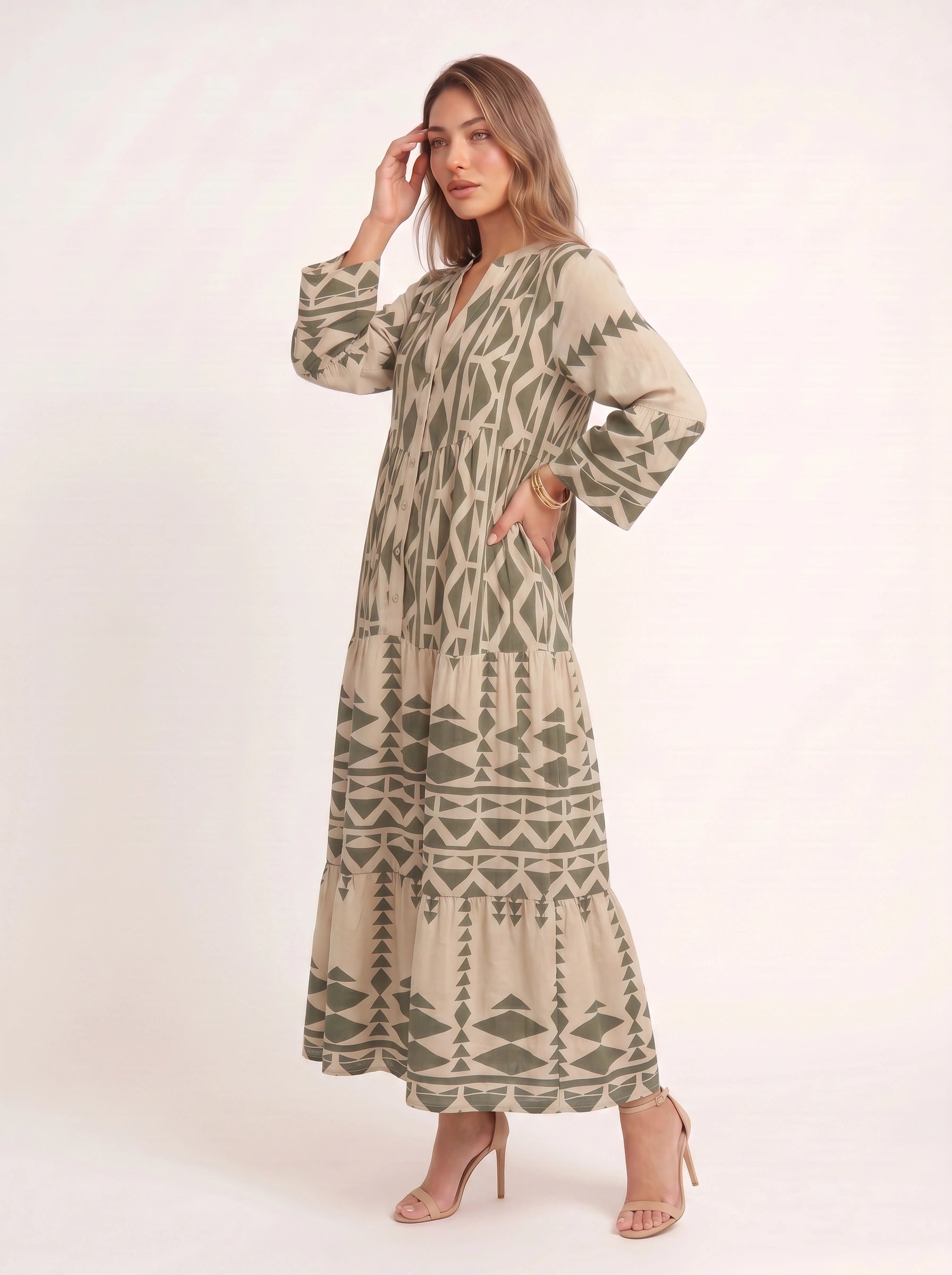 Tribane Tiered Button Maxi Dress – Women Geometric Print Long Sleeve Boho Casual Resort Vacation Maxi Dress