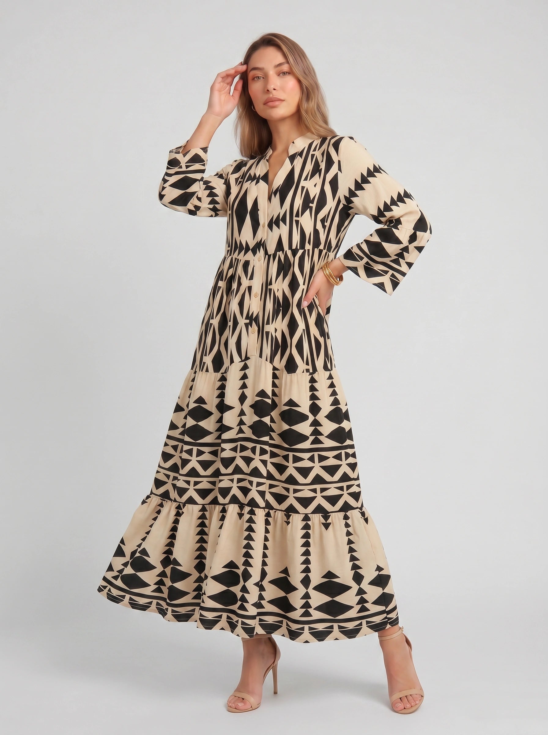 Tribane Tiered Button Maxi Dress – Women Geometric Print Long Sleeve Boho Casual Resort Vacation Maxi Dress