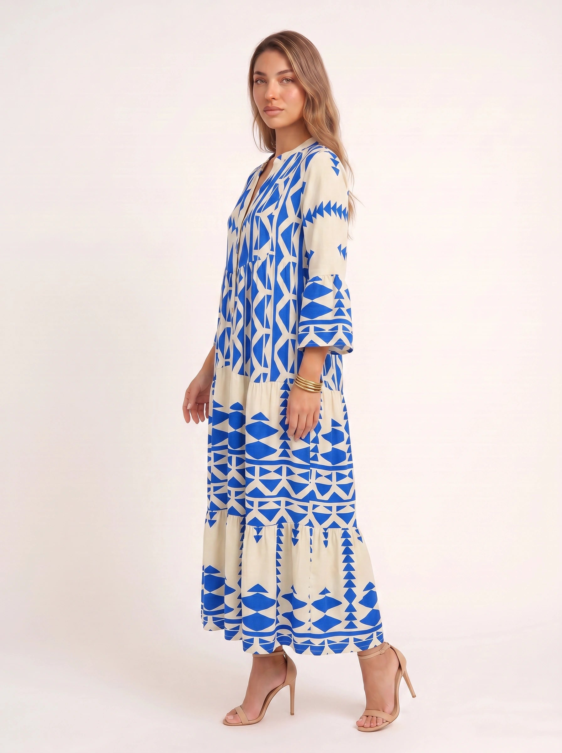 Tribane Tiered Button Maxi Dress – Women Geometric Print Long Sleeve Boho Casual Resort Vacation Maxi Dress