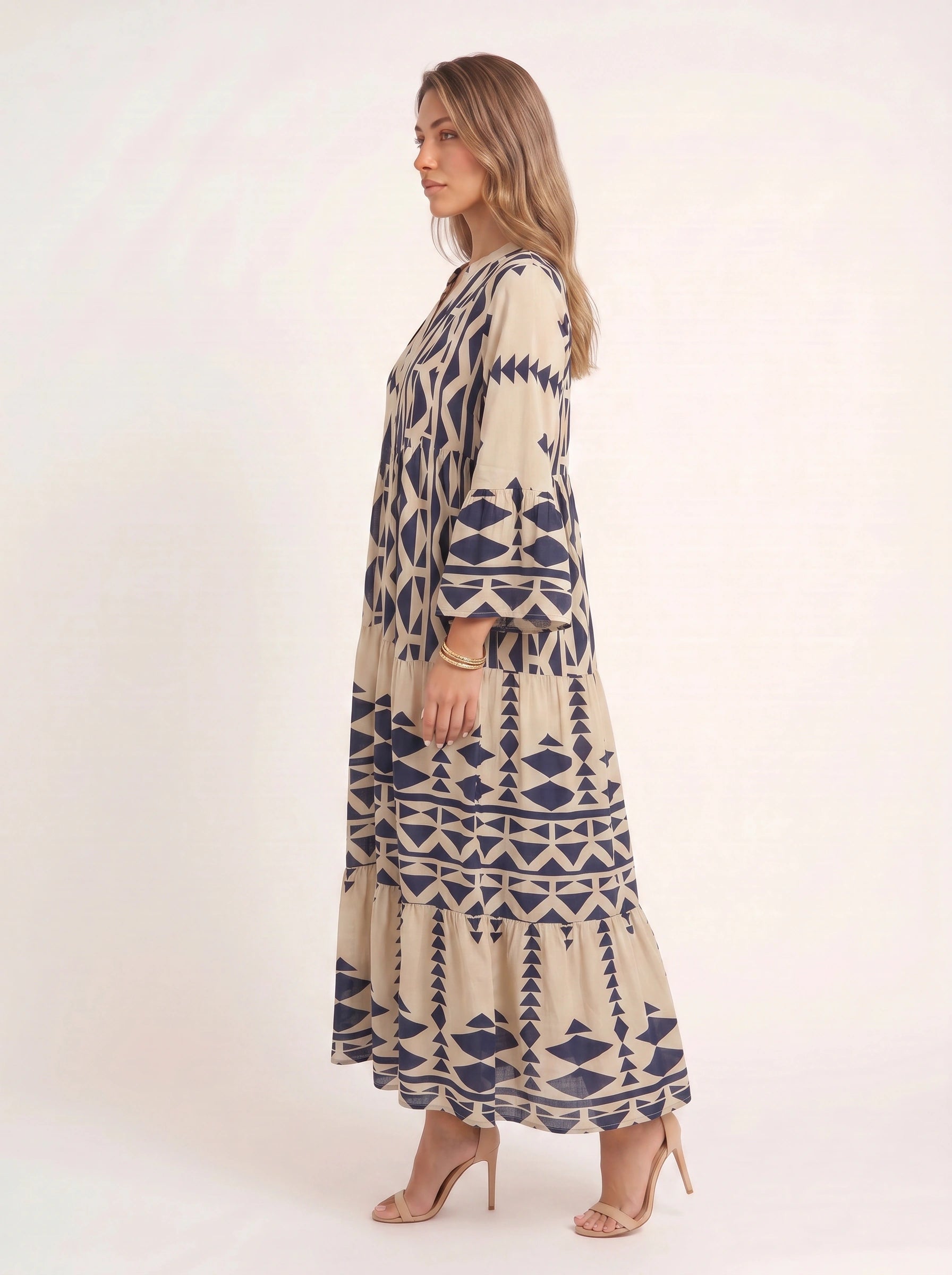 Tribane Tiered Button Maxi Dress – Women Geometric Print Long Sleeve Boho Casual Resort Vacation Maxi Dress