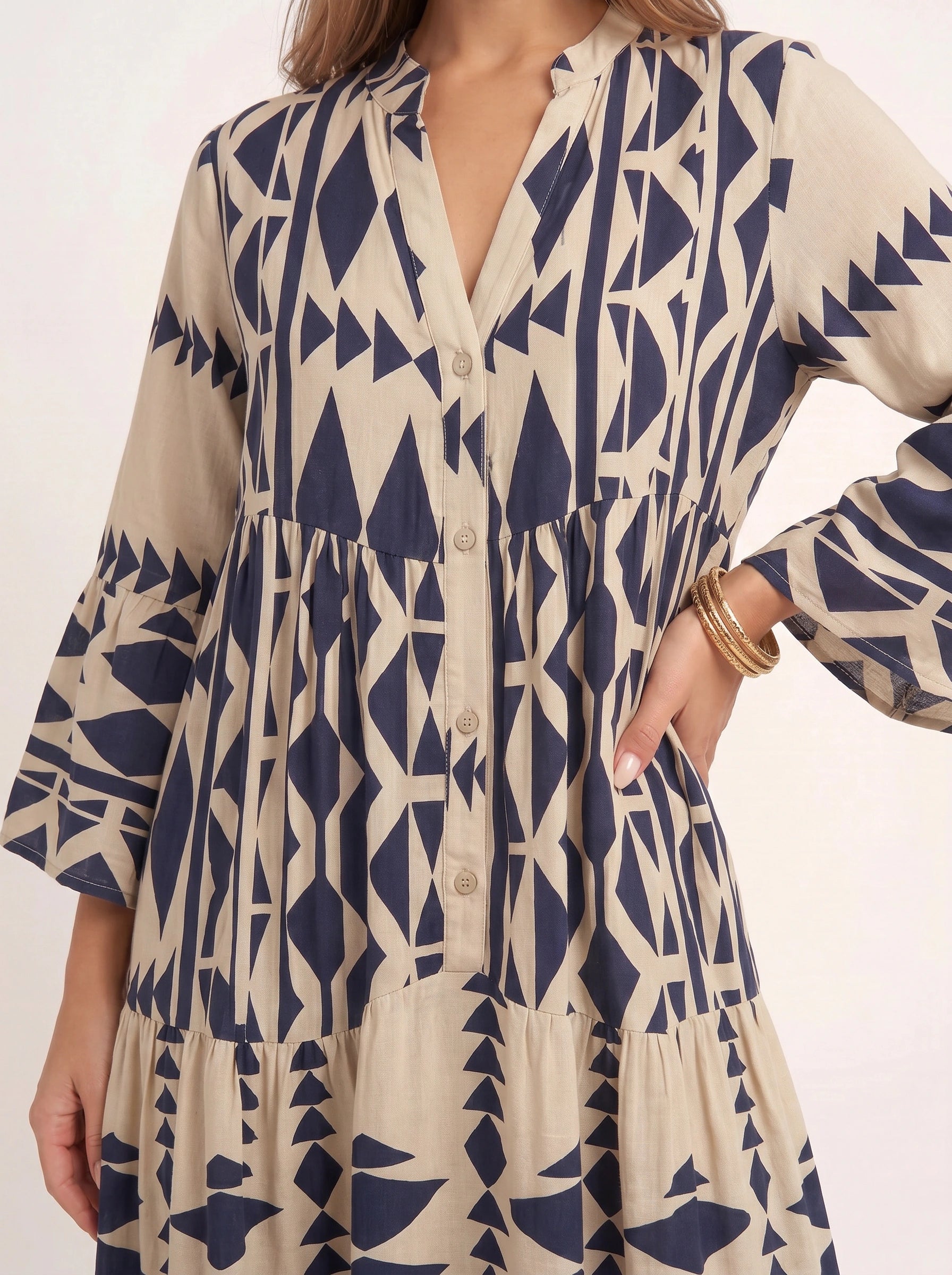 Tribane Tiered Button Maxi Dress – Women Geometric Print Long Sleeve Boho Casual Resort Vacation Maxi Dress
