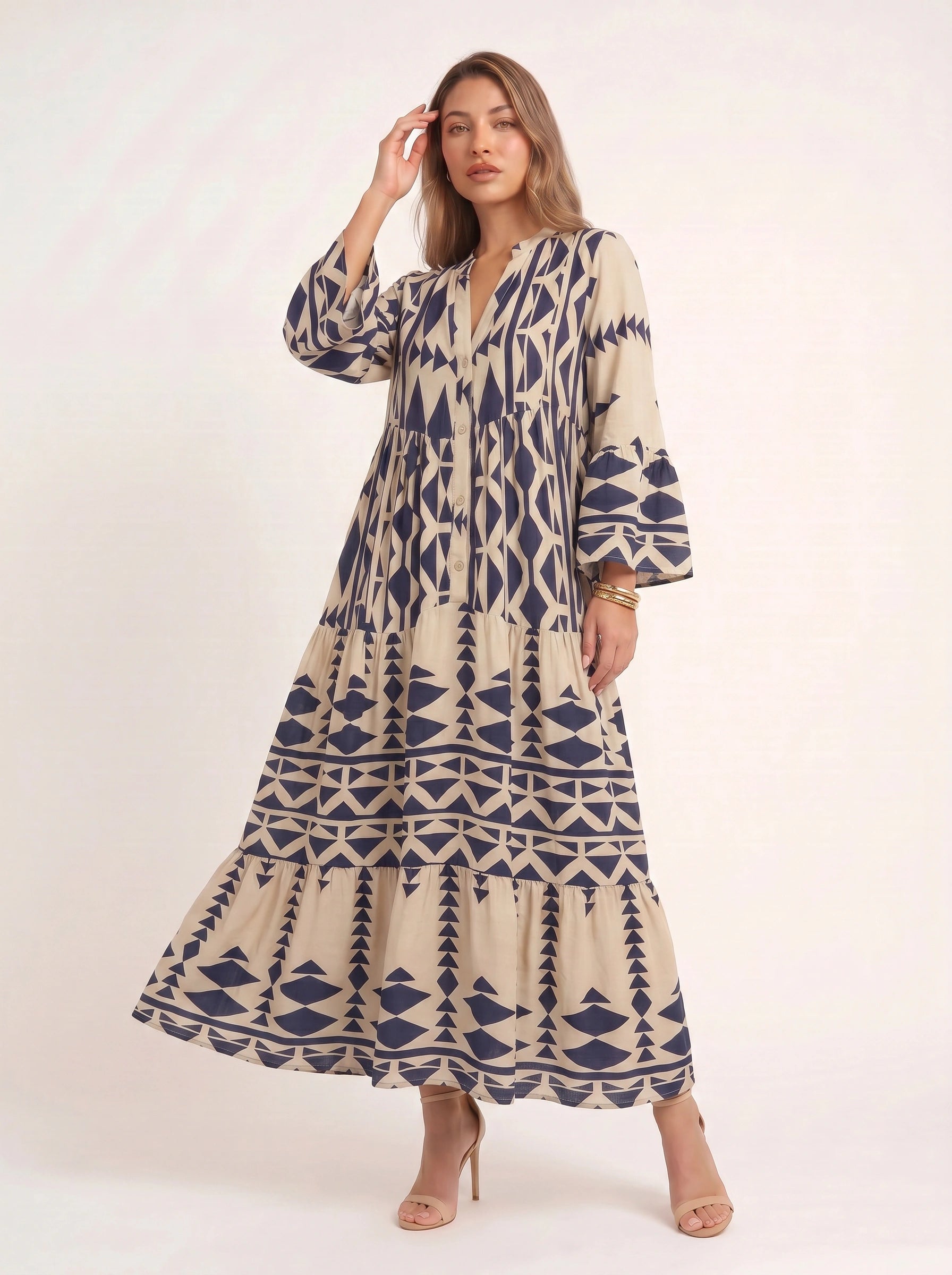 Tribane Tiered Button Maxi Dress – Women Geometric Print Long Sleeve Boho Casual Resort Vacation Maxi Dress