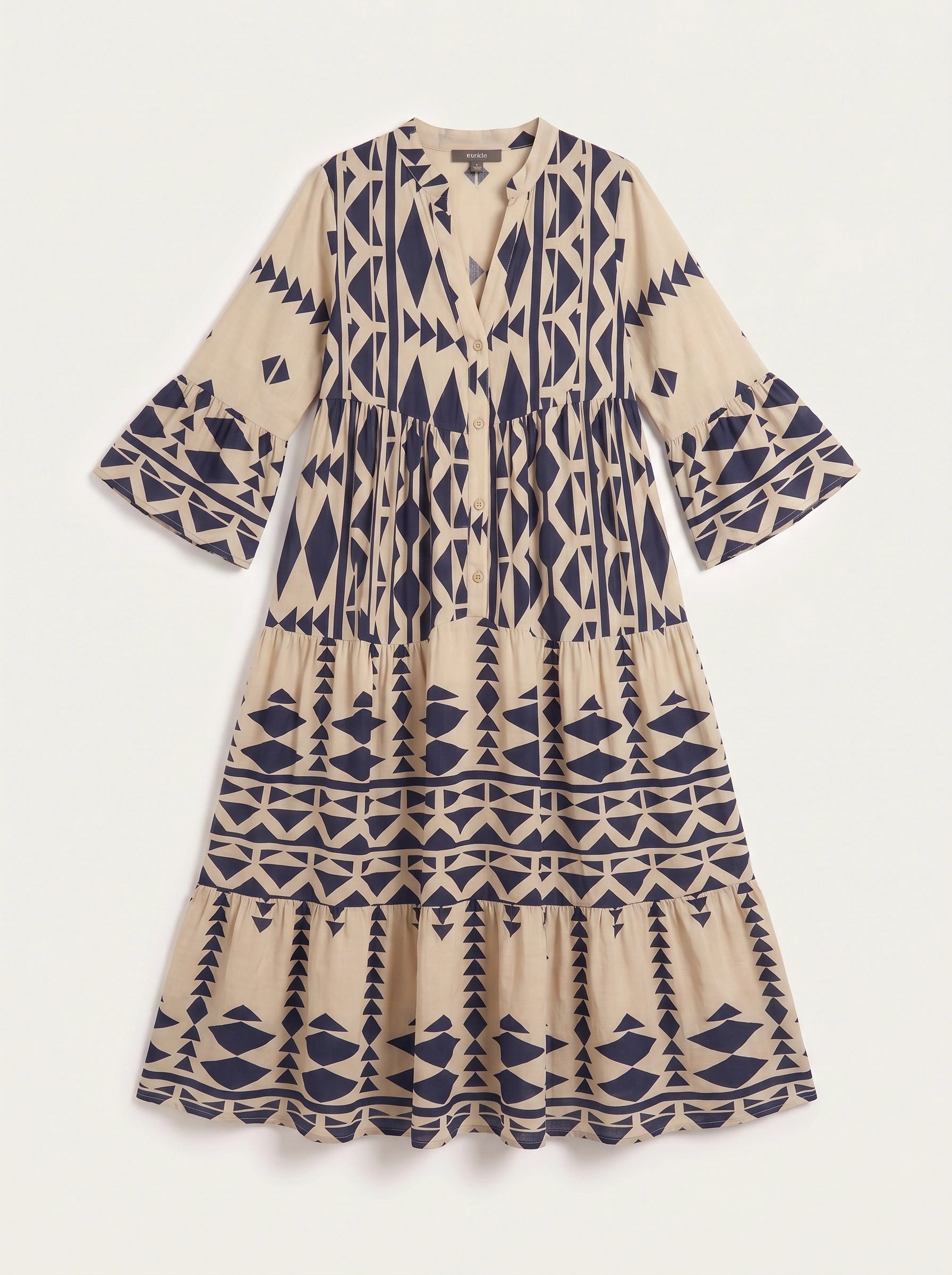 Tribane Tiered Button Maxi Dress – Women Geometric Print Long Sleeve Boho Casual Resort Vacation Maxi Dress