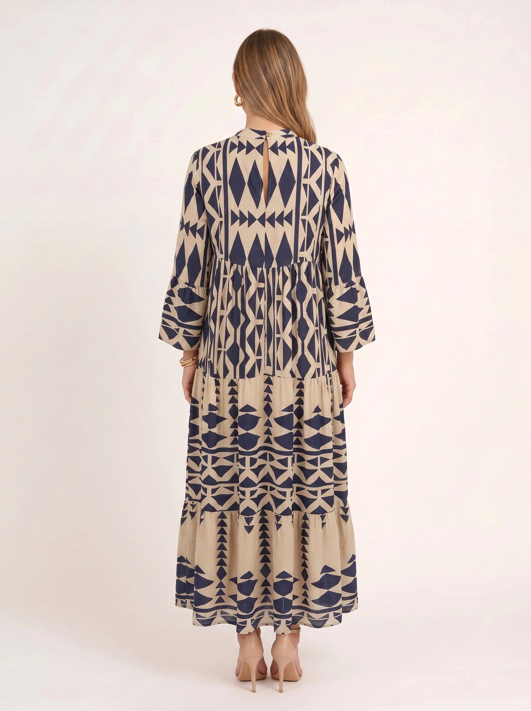 Tribane Tiered Button Maxi Dress – Women Geometric Print Long Sleeve Boho Casual Resort Vacation Maxi Dress