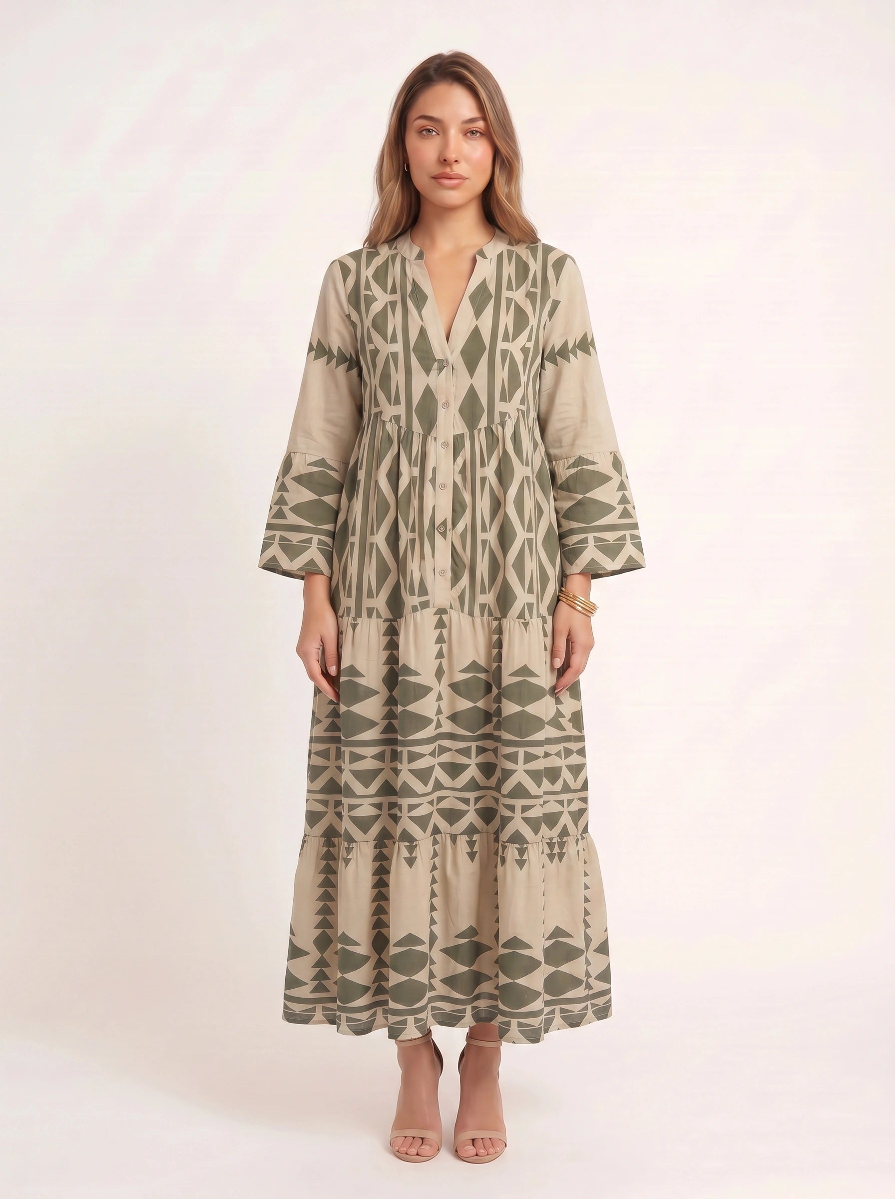 Tribane Tiered Button Maxi Dress – Women Geometric Print Long Sleeve Boho Casual Resort Vacation Maxi Dress