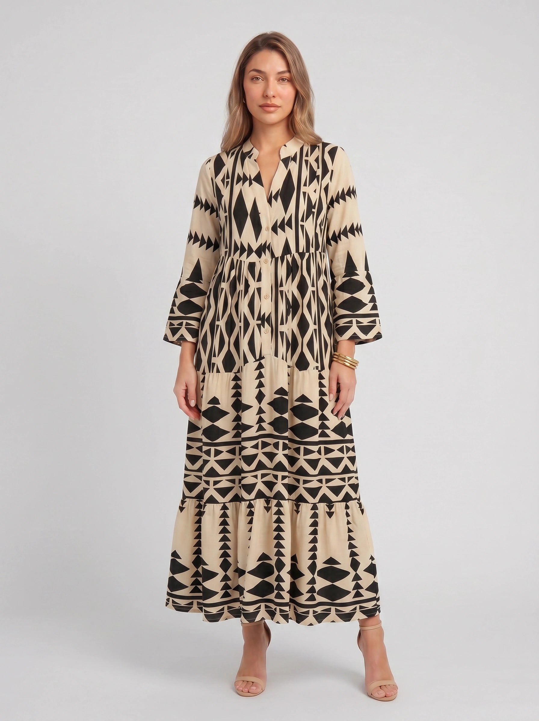 Tribane Tiered Button Maxi Dress – Women Geometric Print Long Sleeve Boho Casual Resort Vacation Maxi Dress