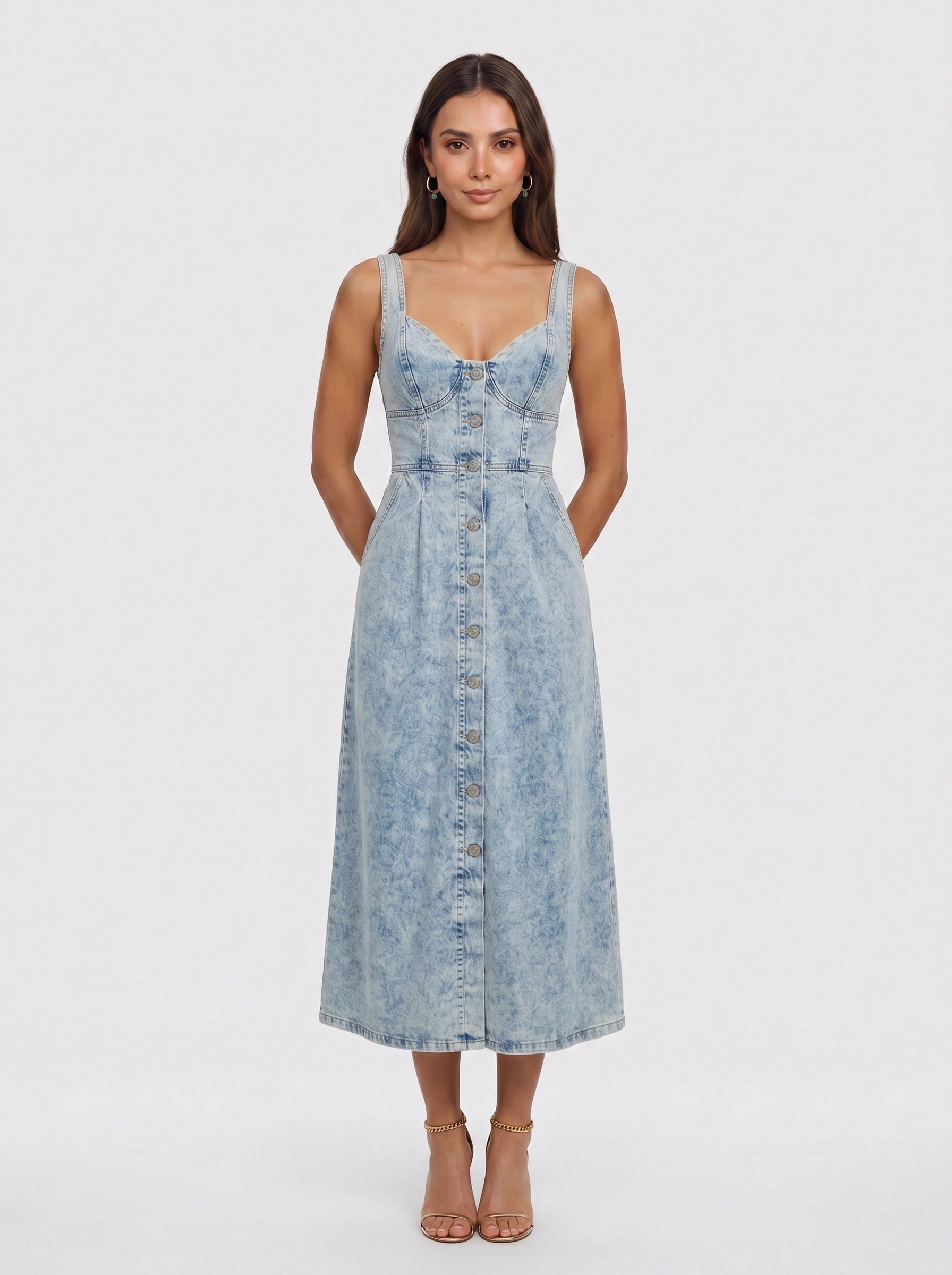 Deniva Button-Front Midi Dress – Denim Women Casual Summer Sundress A-Line Fitted Waist Midi Dress