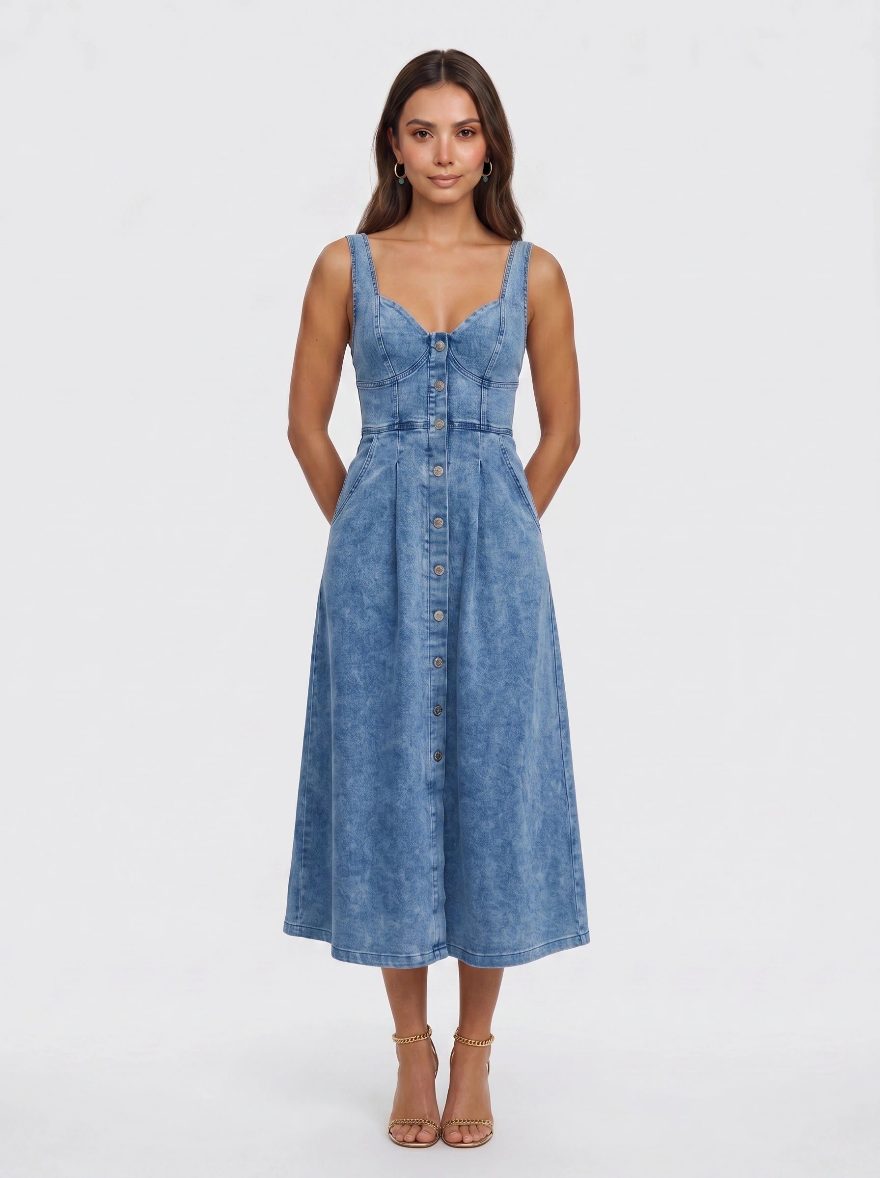 Deniva Button-Front Midi Dress – Denim Women Casual Summer Sundress A-Line Fitted Waist Midi Dress