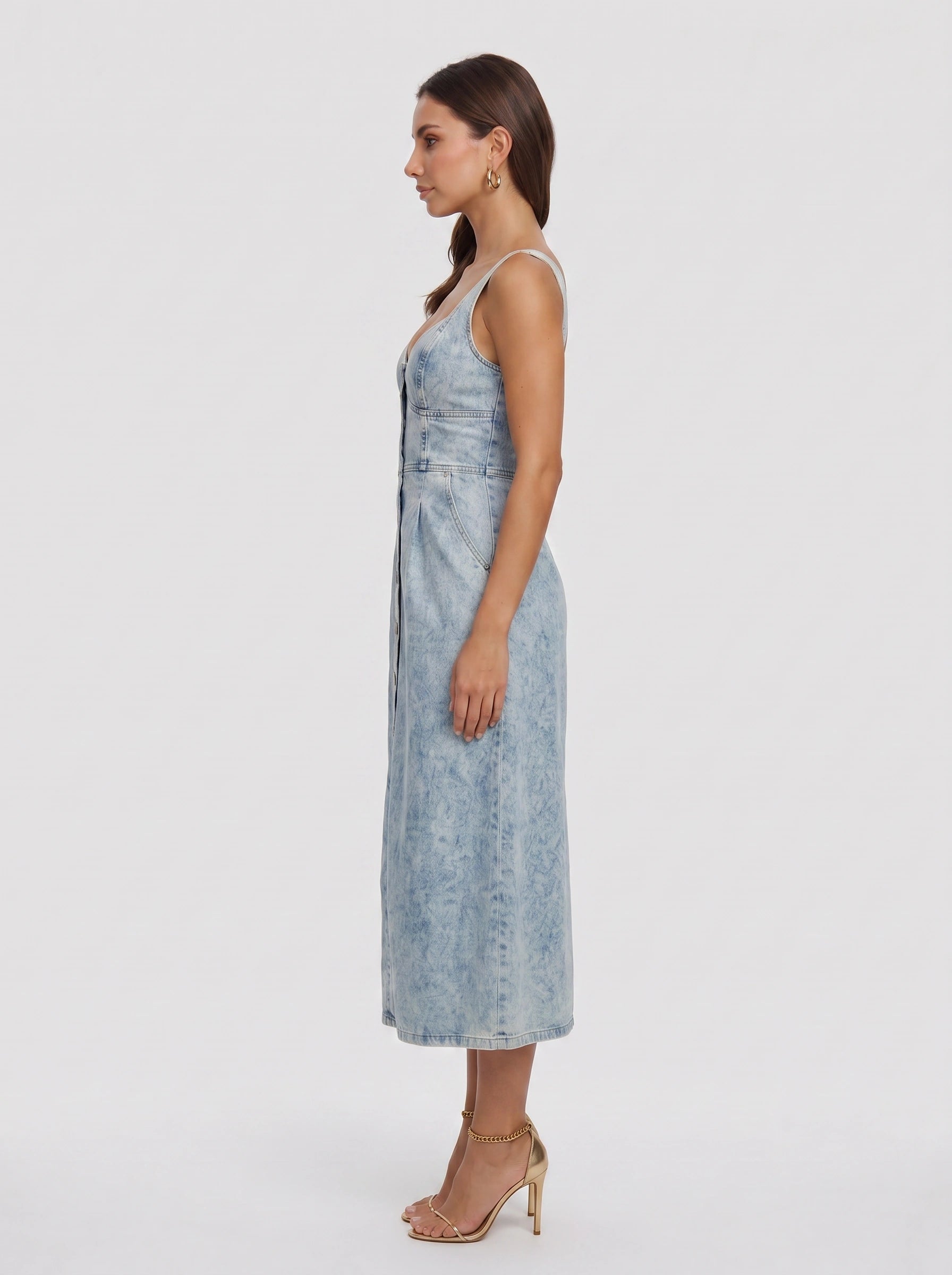 Deniva Button-Front Midi Dress – Denim Women Casual Summer Sundress A-Line Fitted Waist Midi Dress
