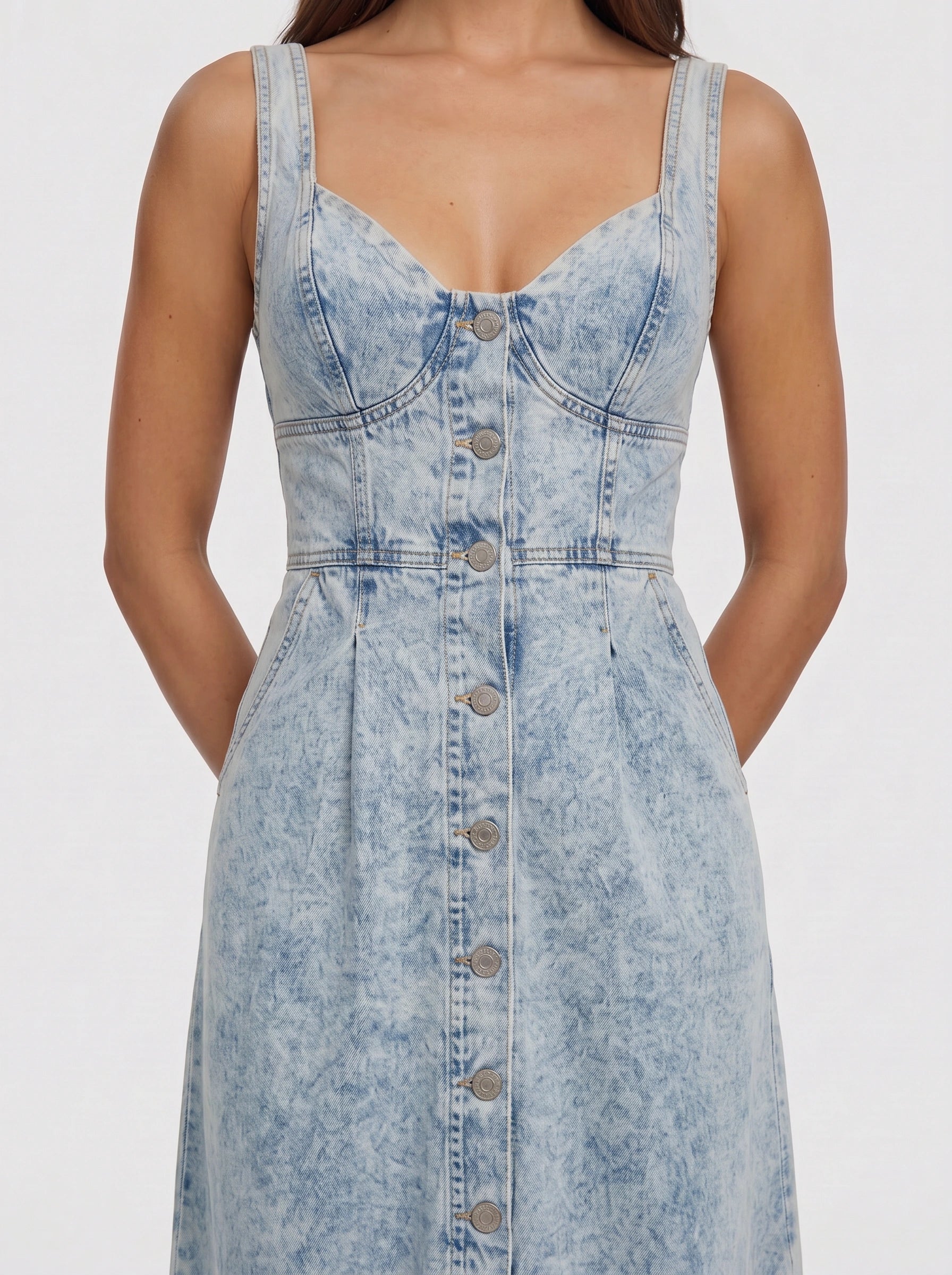 Deniva Button-Front Midi Dress – Denim Women Casual Summer Sundress A-Line Fitted Waist Midi Dress