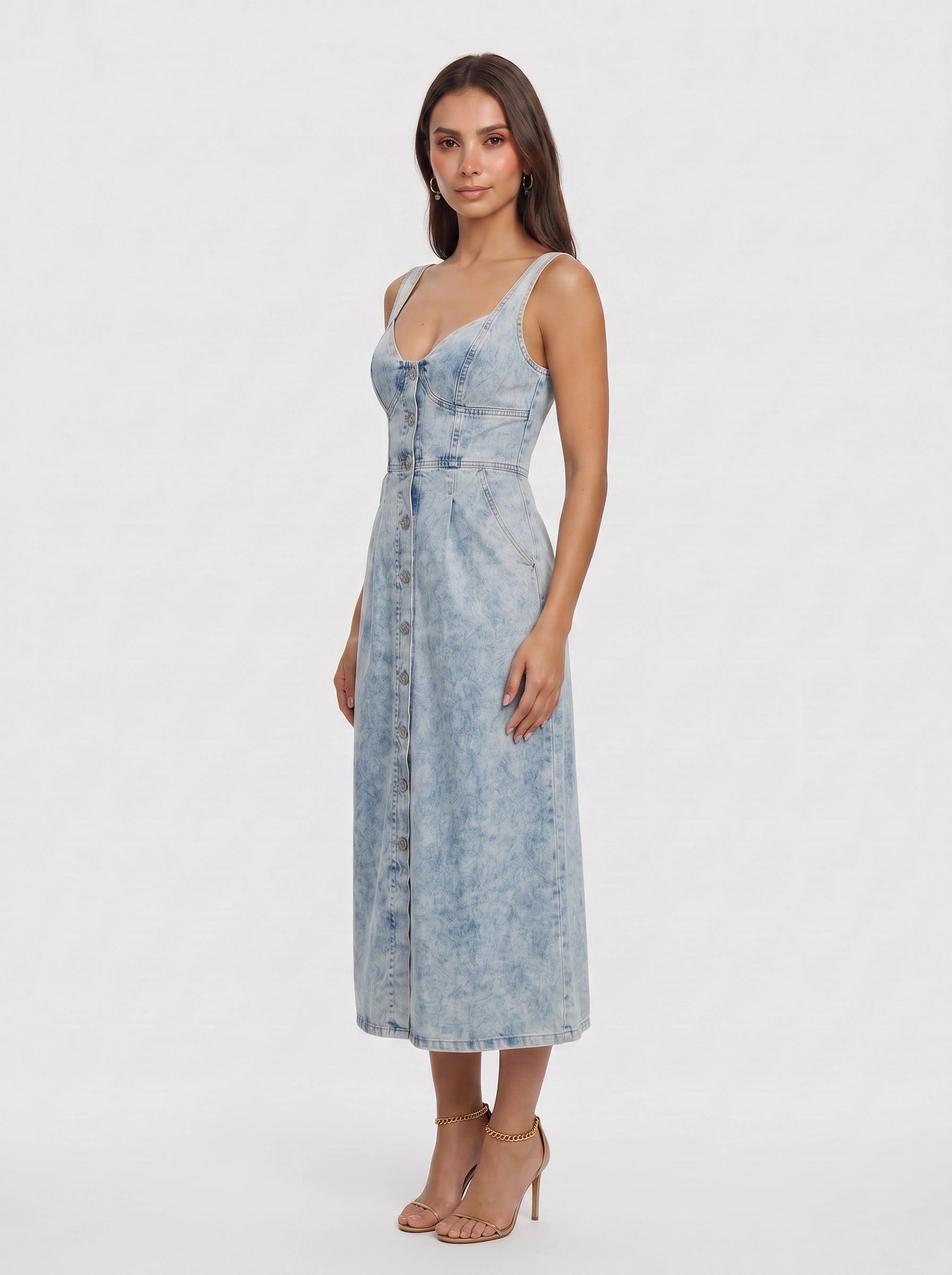 Deniva Button-Front Midi Dress – Denim Women Casual Summer Sundress A-Line Fitted Waist Midi Dress