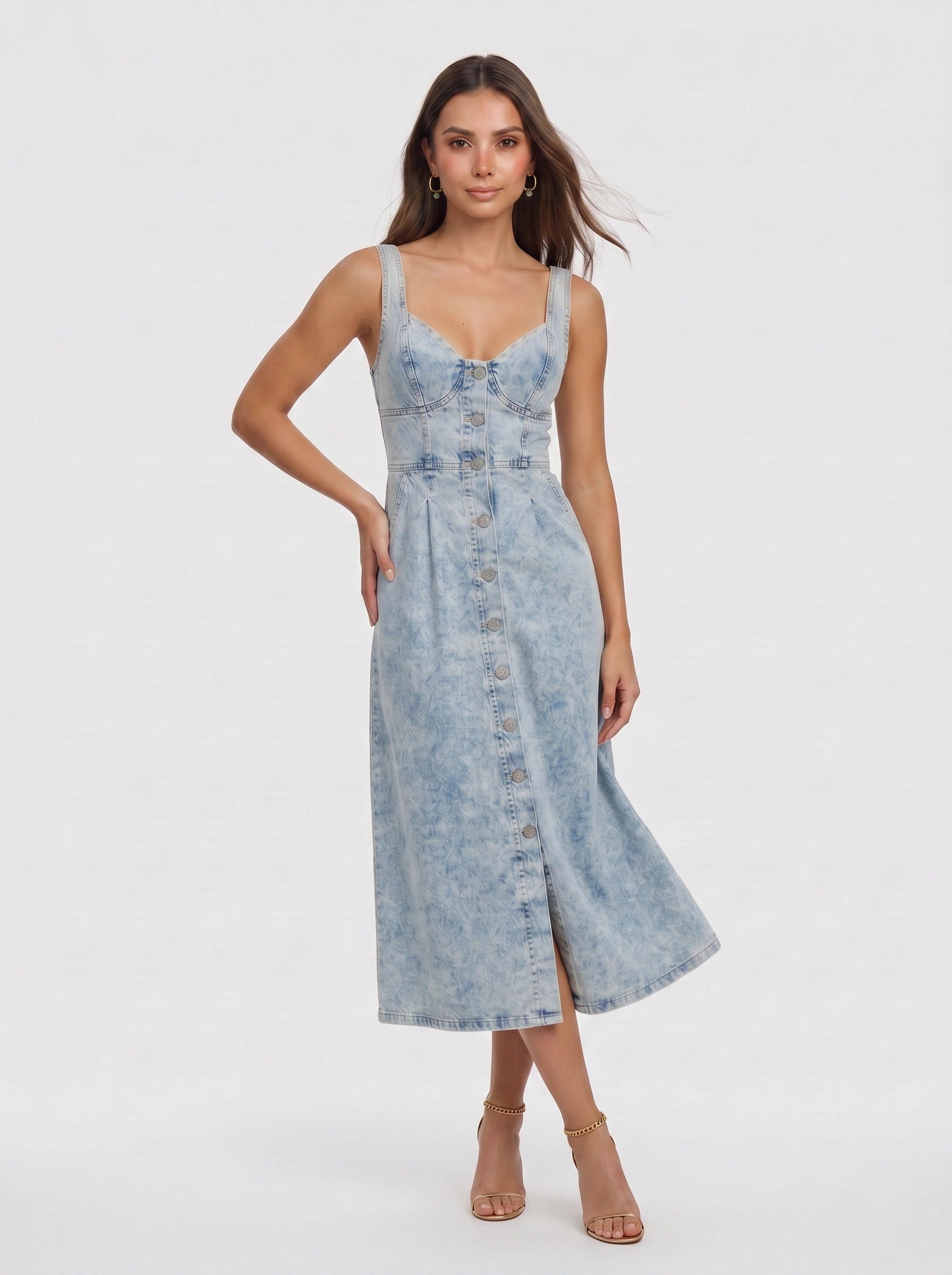Deniva Button-Front Midi Dress – Denim Women Casual Summer Sundress A-Line Fitted Waist Midi Dress