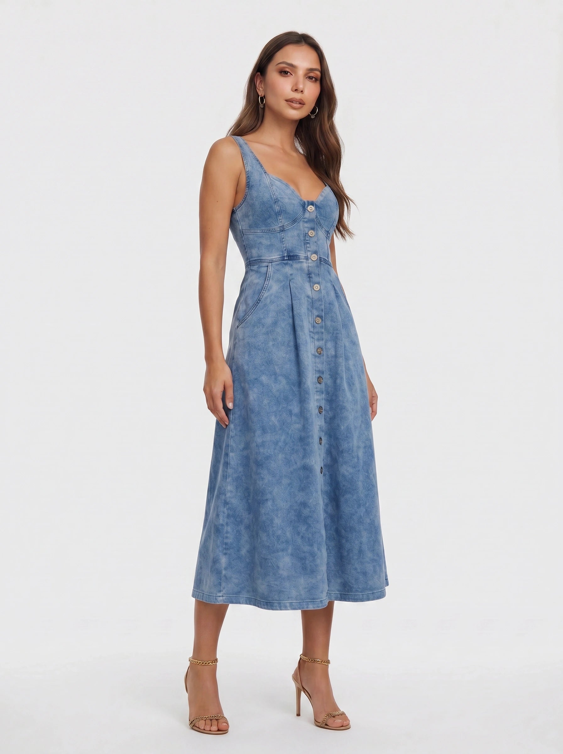 Deniva Button-Front Midi Dress – Denim Women Casual Summer Sundress A-Line Fitted Waist Midi Dress