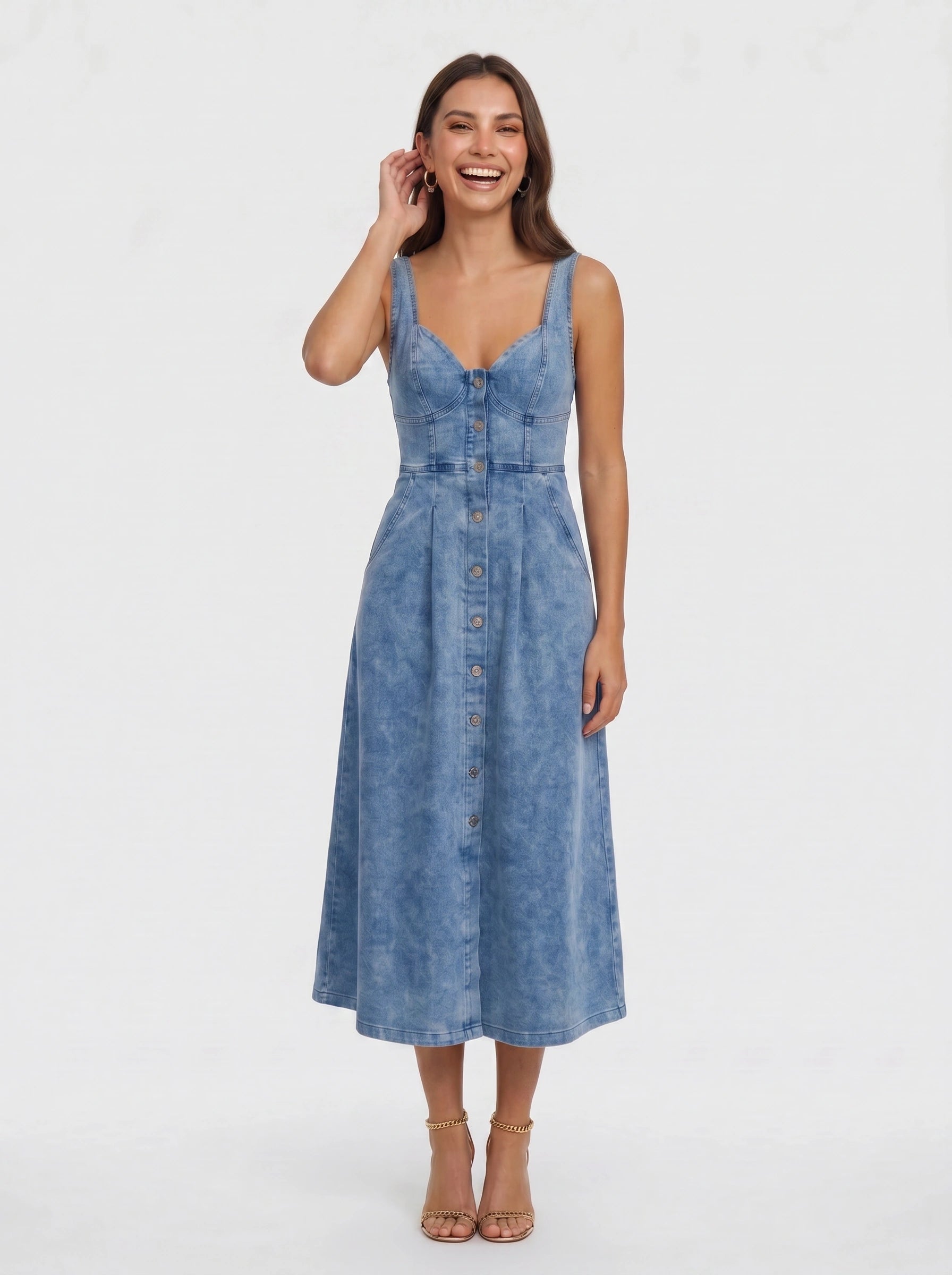 Deniva Button-Front Midi Dress – Denim Women Casual Summer Sundress A-Line Fitted Waist Midi Dress
