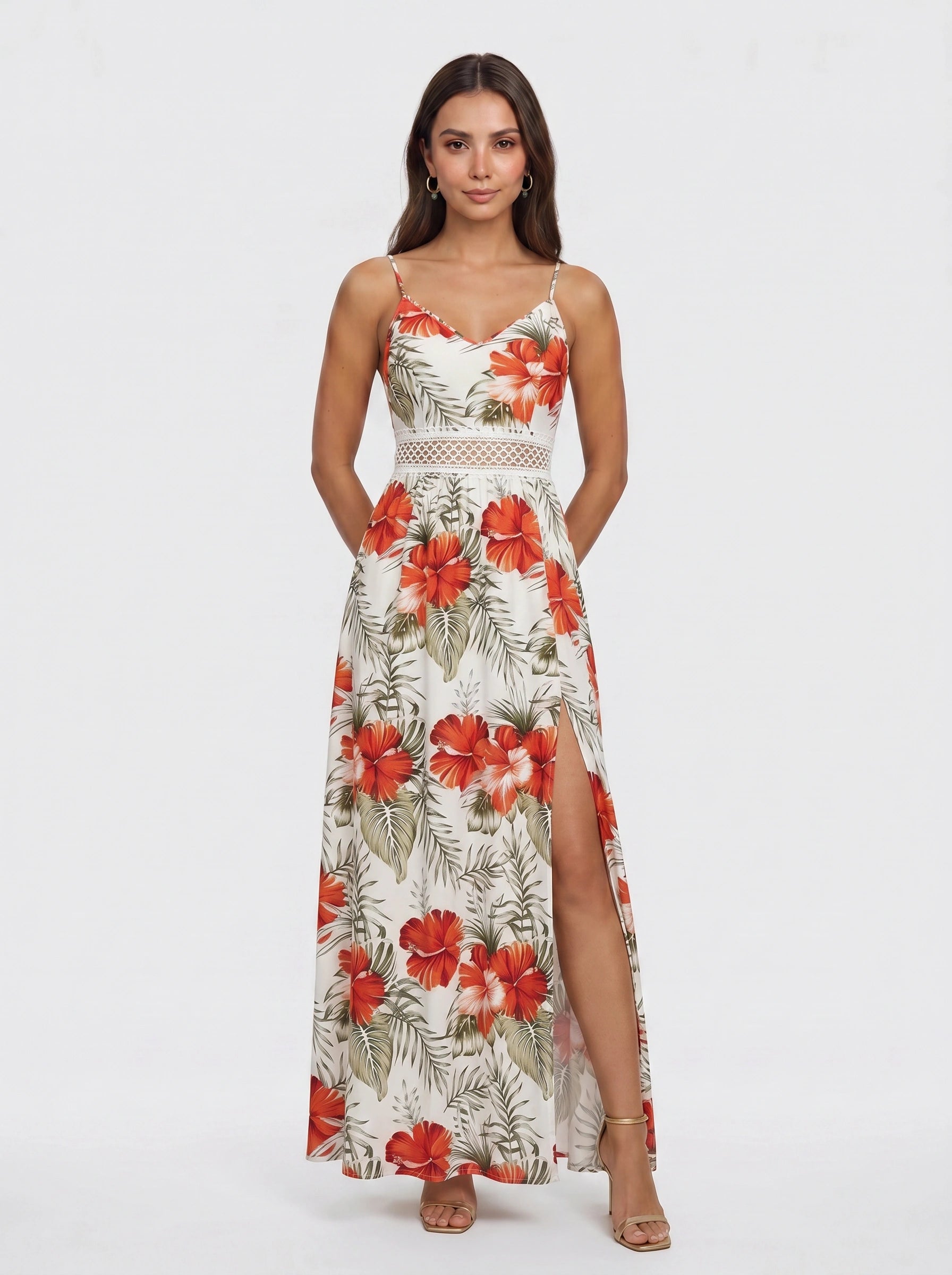 Tropicora Crochet Waist Maxi Dress – Floral Print Maxi Dress Women Wedding Guest Summer Vacation Beach Resort Long Sundress