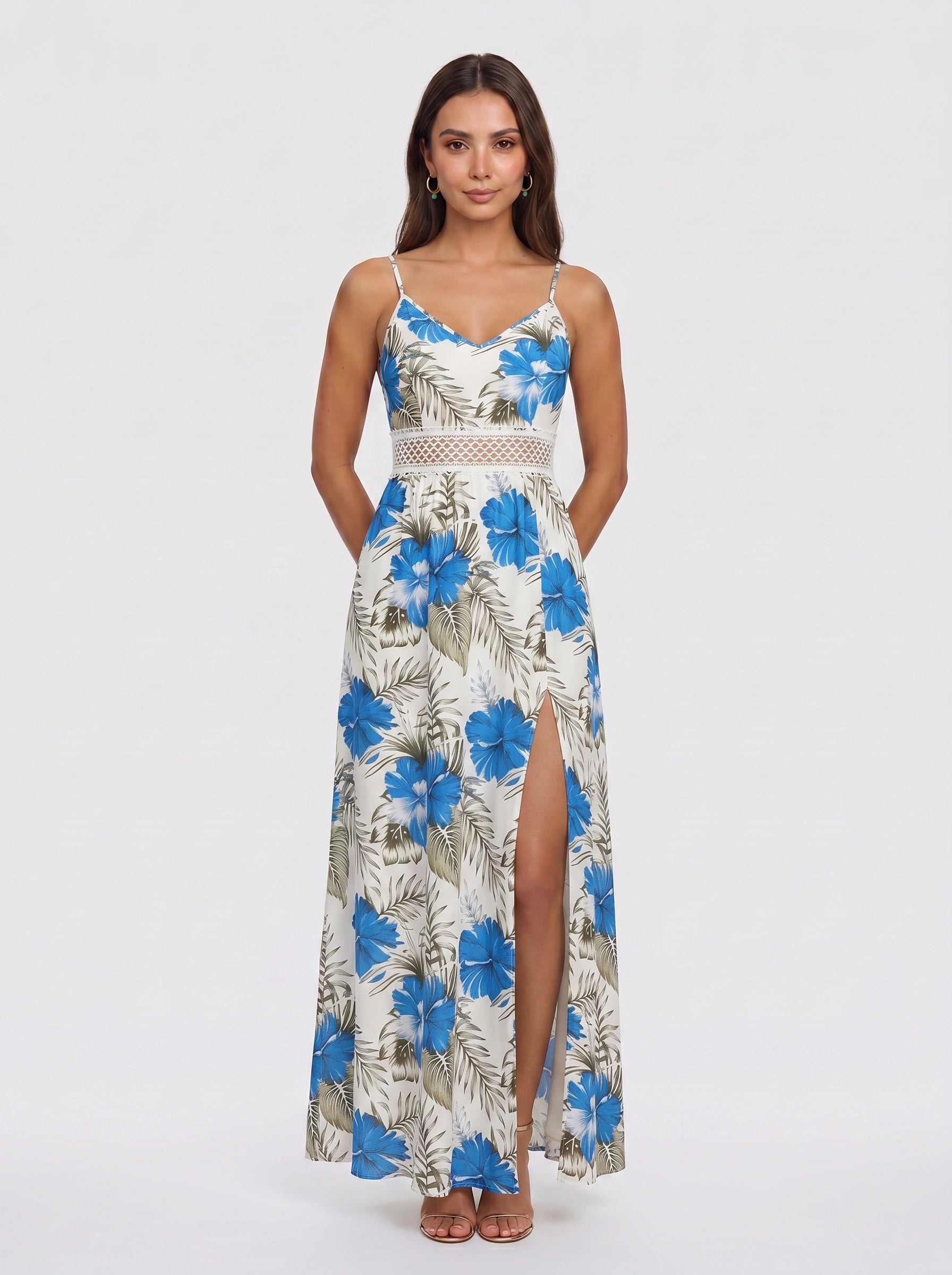 Tropicora Crochet Waist Maxi Dress – Floral Print Maxi Dress Women Wedding Guest Summer Vacation Beach Resort Long Sundress