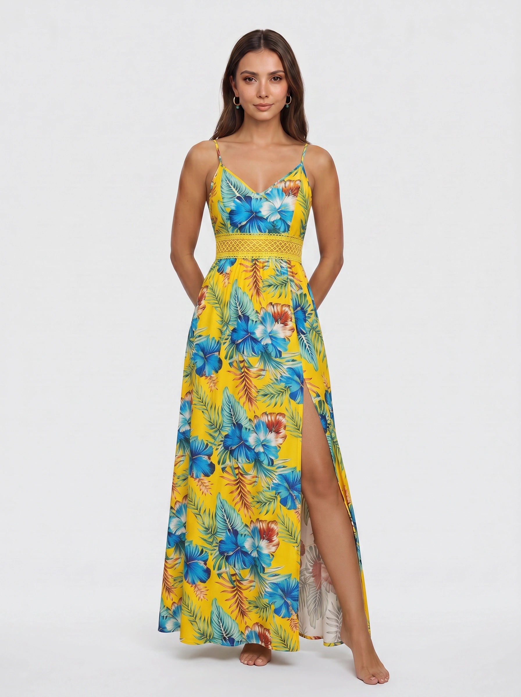 Tropicora Crochet Waist Maxi Dress – Floral Print Maxi Dress Women Wedding Guest Summer Vacation Beach Resort Long Sundress